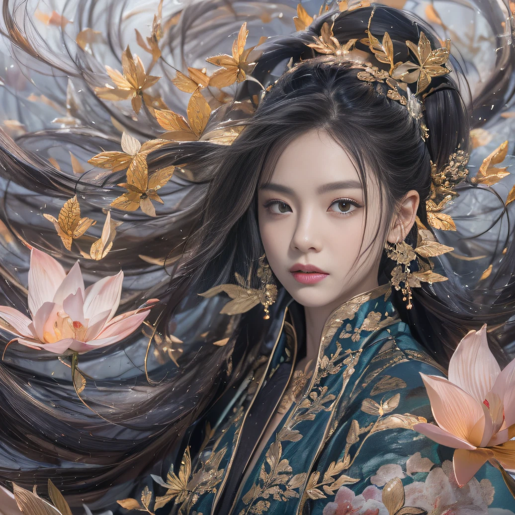 32K(tmasterpiece,k hd,hyper HD,32K)Long flowing black hair,ponds,zydink, a color, Xuzhou people (Silly girl), (Silk scarf), Combat posture, looking at the ground, long whitr hair, Floating hair, Carp pattern headdress, Chinese long-sleeved clothing, (abstract ink splash:1.2), Pink petal background,Pink and white lotus flowers fly(realisticlying:1.4),Black color hair,Fallen leaves flutter,The background is pure, A high resolution, the detail, RAW photogr, Sharp Re, Nikon D850 Film Stock Photo by Jefferies Lee 4 Kodak Portra 400 Camera F1.6 shots, Rich colors, ultra-realistic vivid textures, Dramatic lighting, Unreal Engine Art Station Trend, cinestir 800,Long flowing black hair,Denim skirt