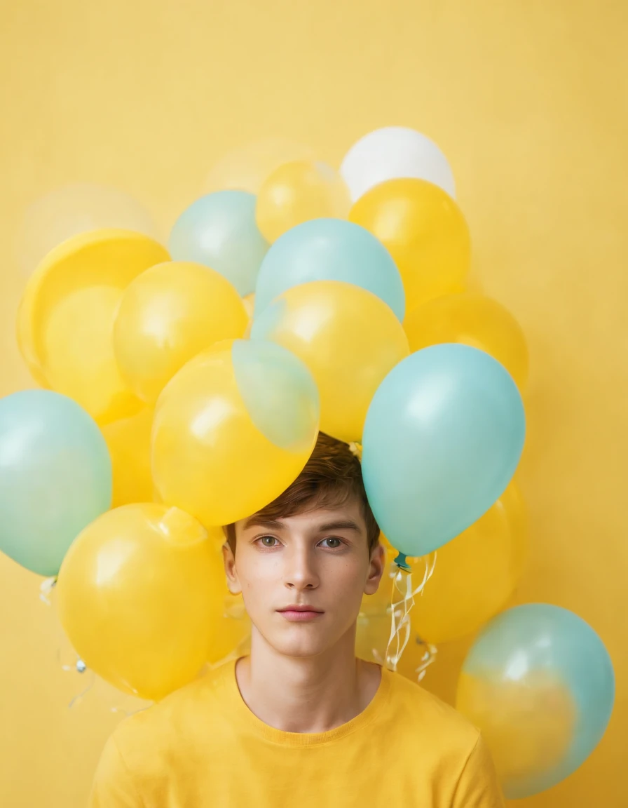 boy with balloons on yellow background , in the style of confetti-like dots, scattered composition, melancholic self-portraits, installation-based, brightly colored, matte photo, odd juxtapositions,(medium shot)