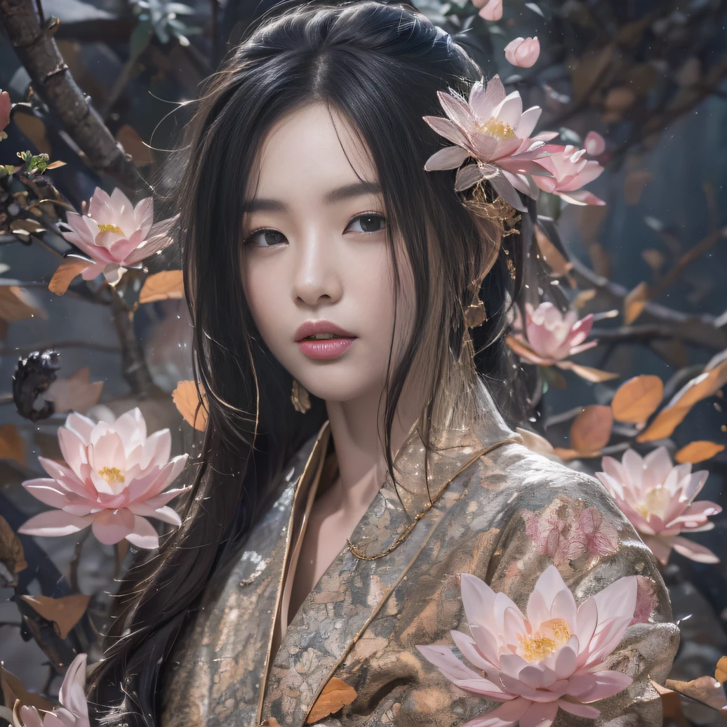 32K（tmasterpiece，k hd，hyper HD，32K）Long flowing black hair，ponds，zydink， a color， Xuzhou people （Silly girl）， （Silk scarf）， Combat posture， looking at the ground， long whitr hair， Floating hair， Carp pattern headdress， Chinese long-sleeved clothing， （abstract ink splash：1.2）， Pink petal background，Pink and white lotus flowers fly（realisticlying：1.4），Black color hair，Fallen leaves flutter，The background is pure， A high resolution， the detail， RAW photogr， Sharp Re， Nikon D850 Film Stock Photo by Jefferies Lee 4 Kodak Portra 400 Camera F1.6 shots, Rich colors, ultra-realistic vivid textures, Dramatic lighting, Unreal Engine Art Station Trend, cinestir 800，Long flowing black hair，Denim skirt