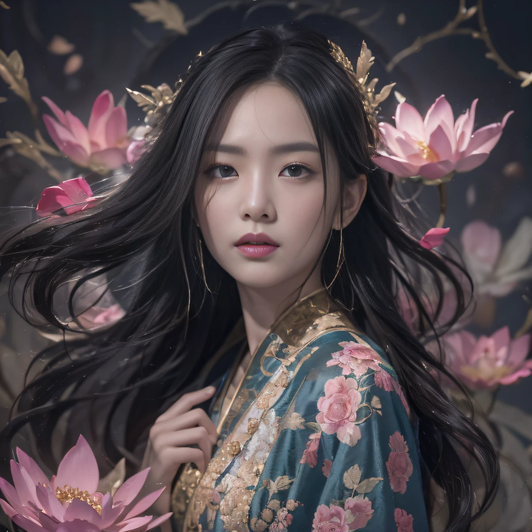 32K(tmasterpiece,k hd,hyper HD,32K)Long flowing black hair,ponds,zydink, a color, Xuzhou people (Silly girl), (Silk scarf), Combat posture, looking at the ground, long whitr hair, Floating hair, Carp pattern headdress, Chinese long-sleeved clothing, (abstract ink splash:1.2), Pink petal background,Pink and white lotus flowers fly(realisticlying:1.4),Black color hair,Fallen leaves flutter,The background is pure, A high resolution, the detail, RAW photogr, Sharp Re, Nikon D850 Film Stock Photo by Jefferies Lee 4 Kodak Portra 400 Camera F1.6 shots, Rich colors, ultra-realistic vivid textures, Dramatic lighting, Unreal Engine Art Station Trend, cinestir 800,Long flowing black hair,Denim skirt