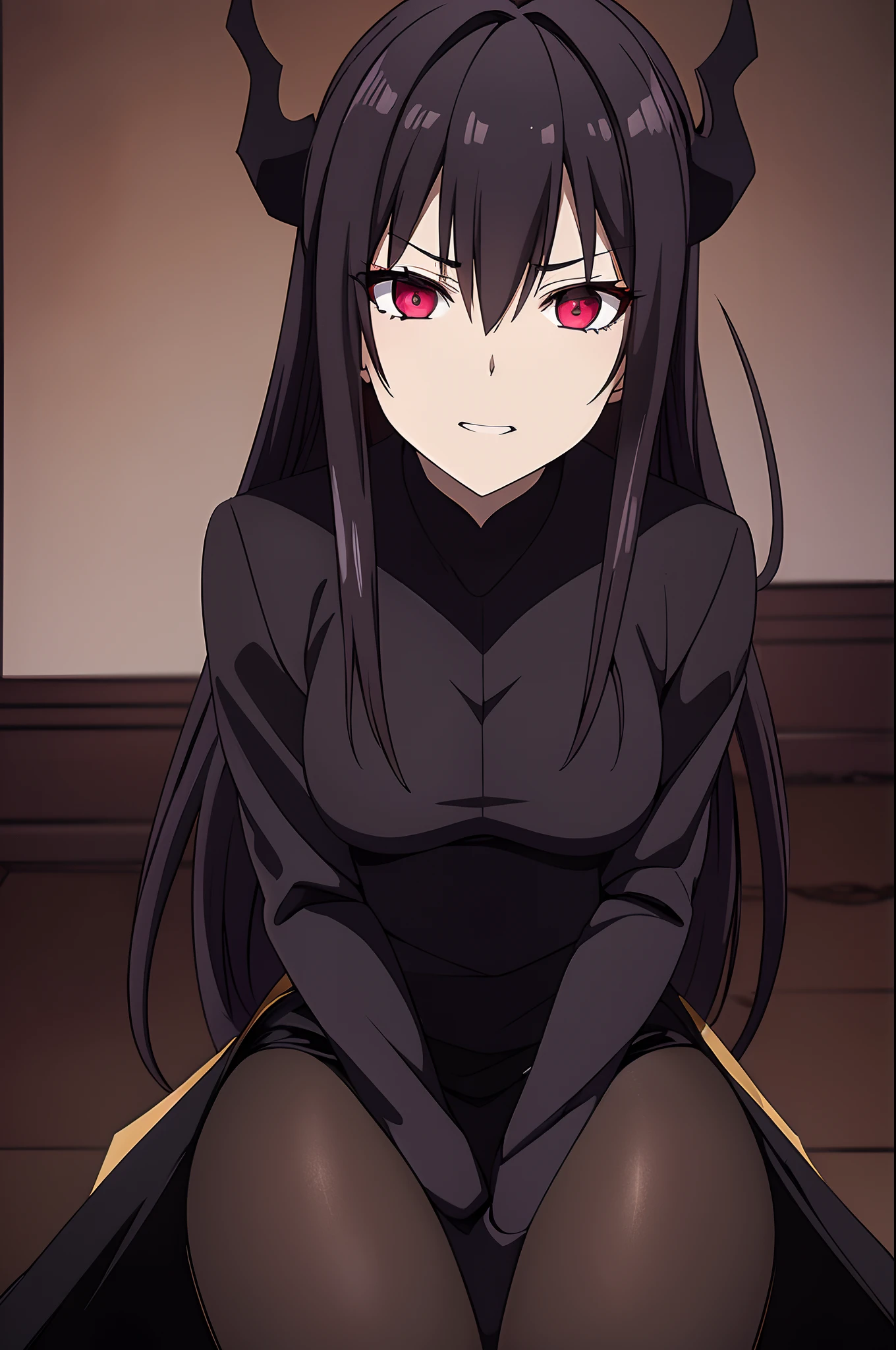 (Dark lighting, sharp shadows, photorealistic, high detail, hyperrealistic, sharp focus). Archdemon woman with detailed eyes, evil eyes and demonic horns. She is sitting in front of a pile of skulls in the eerie atmosphere of the blood-stained comcombs. She is wearing a classy outfit that accentuates her demonic features.