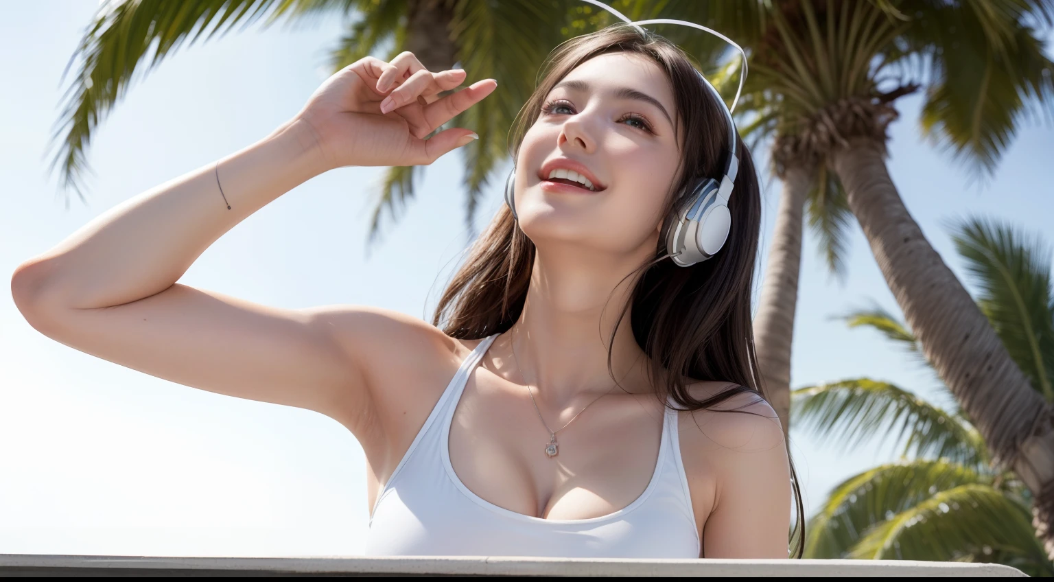 8K, Masterpiece, Raw foto, Best Quality, Photorealistic, Extreme Detail CG Unity 8K Wallpapers, Depth of field, Cinematic light, lens flares, Ray traching, (extremely beautiful face, beautiful lips, beautidful eyes), Intricate detail face, ((ultra detail skin)) 1Girl, (monica bellucci), (monica bellucci), (monica bellucci), (monica bellucci), (monica bellucci), (monica bellucci), (monica bellucci),1 Girl, (Very slender muscular body:1.3), ((looking up at viewer)),(big grin:1.3), (blured background), a faint light), (There are no people in the background.:1.3), beautiful earrings, wristband, necklaces, Pantyhose, Clear eyes, walking , Front Shot, (pale-skin), (Big Eyes), (Big Eyes) (Big Eyes), (Big Eyes), (Big Eyes), Facing Forward, (Full Body Shot), (ligh brown hair), Open the navel............, (looking up at viewer:1.3), Very slim, tits huge, tits huge, tits huge, tits huge, tits huge, A slender waist, Small hips, , A slender waist, Small hips, A slender waist, Small hips, A slender waist, Small hips, Revert, (White tank top T-shirt and ripped shorts, (seaside, waves, palm tree), (Wear large headphones for DJs), (Woman manipulating DJ mix equipment), (seaside, waves, palm tree), (Wear large headphones for DJs), (Woman manipulating DJ mix equipment)