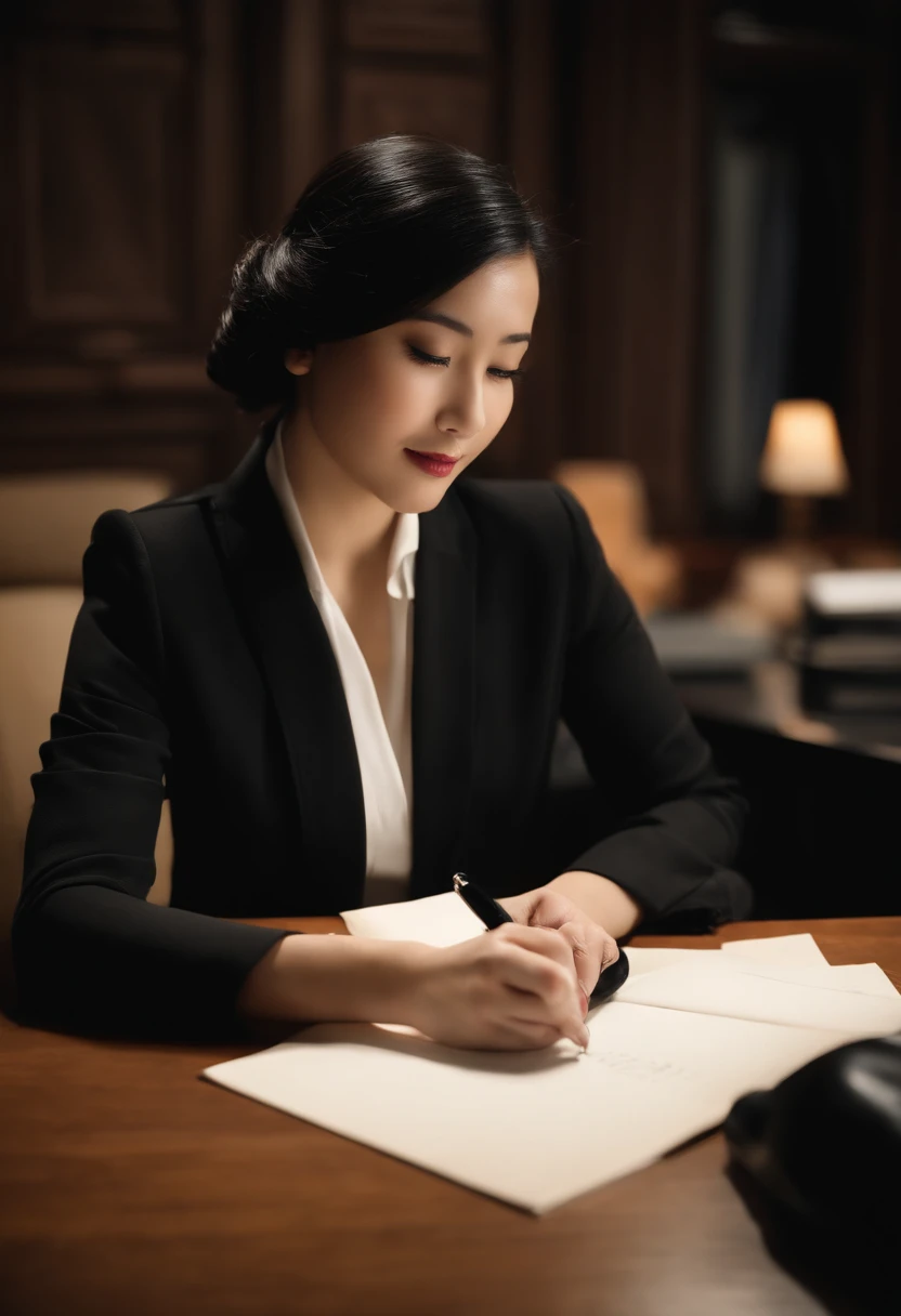 Wearing black leather gloves in both hands, upper body, black business suit, facing the desk in the modern study in the dark, looking down, smiling, writing a letter using a fountain pen, long, straight black hair, young and cute face Japanese female new employee (black leather gloves cover both hands)