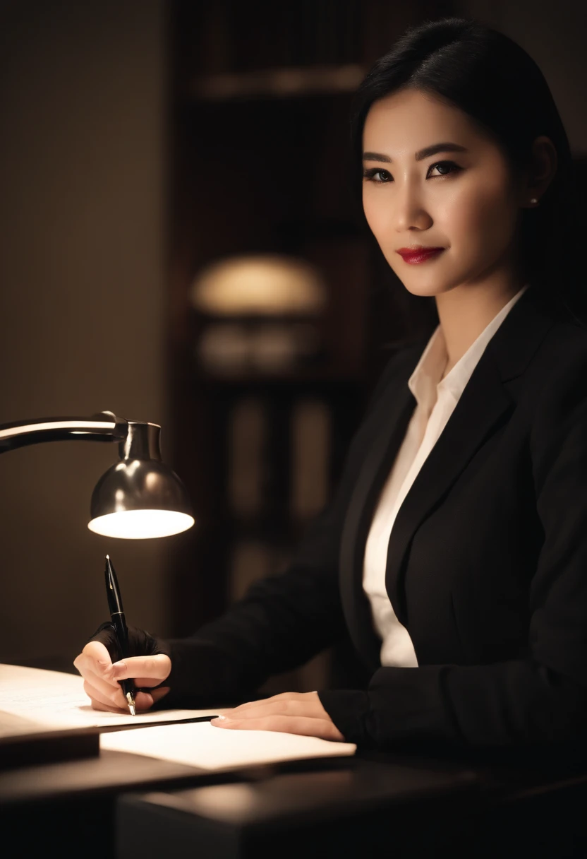 Wearing black leather gloves in both hands, upper body, black business suit, facing the desk in the modern study in the dark, looking down, smiling, writing a letter using a fountain pen, long, straight black hair, young and cute face Japanese female new employee (black leather gloves cover both hands)