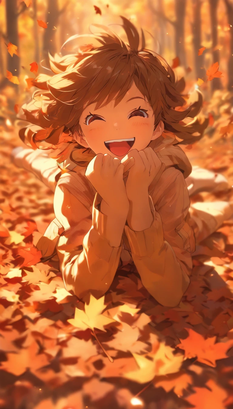 foreshortening, (depth of fields:1.5), masutepiece, (Best Quality:1.3), 1girl in, Brown hair, Brown eyes, short-hair, Solo, Looking Up,Red or orange fallen leaves、(Background of autumn leaves:1.2)、Holding fallen leaves with both hands、, Laughing with open mouth, Dappled sunlight,full body Esbian、