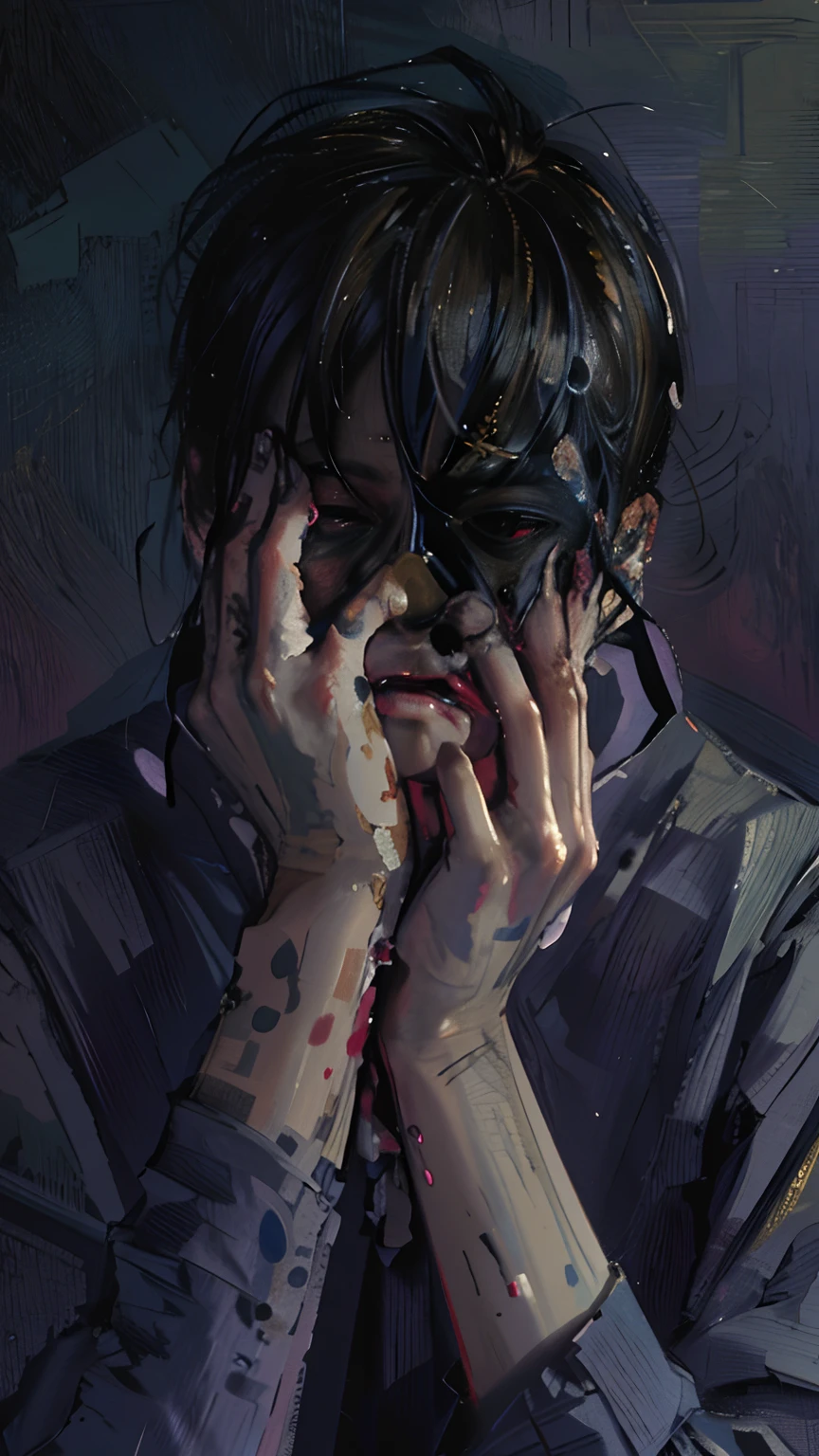 painting of a man with his hands on his face, emotional concept art, emotional sad painting, with a hurt expression, emotional picture, his hands buried in his face, distraught, with a sad expression, head in hands, he is sad, frustrated detailed, holding his hands up to his face, yandere, ( ( ( horror art ) ) )