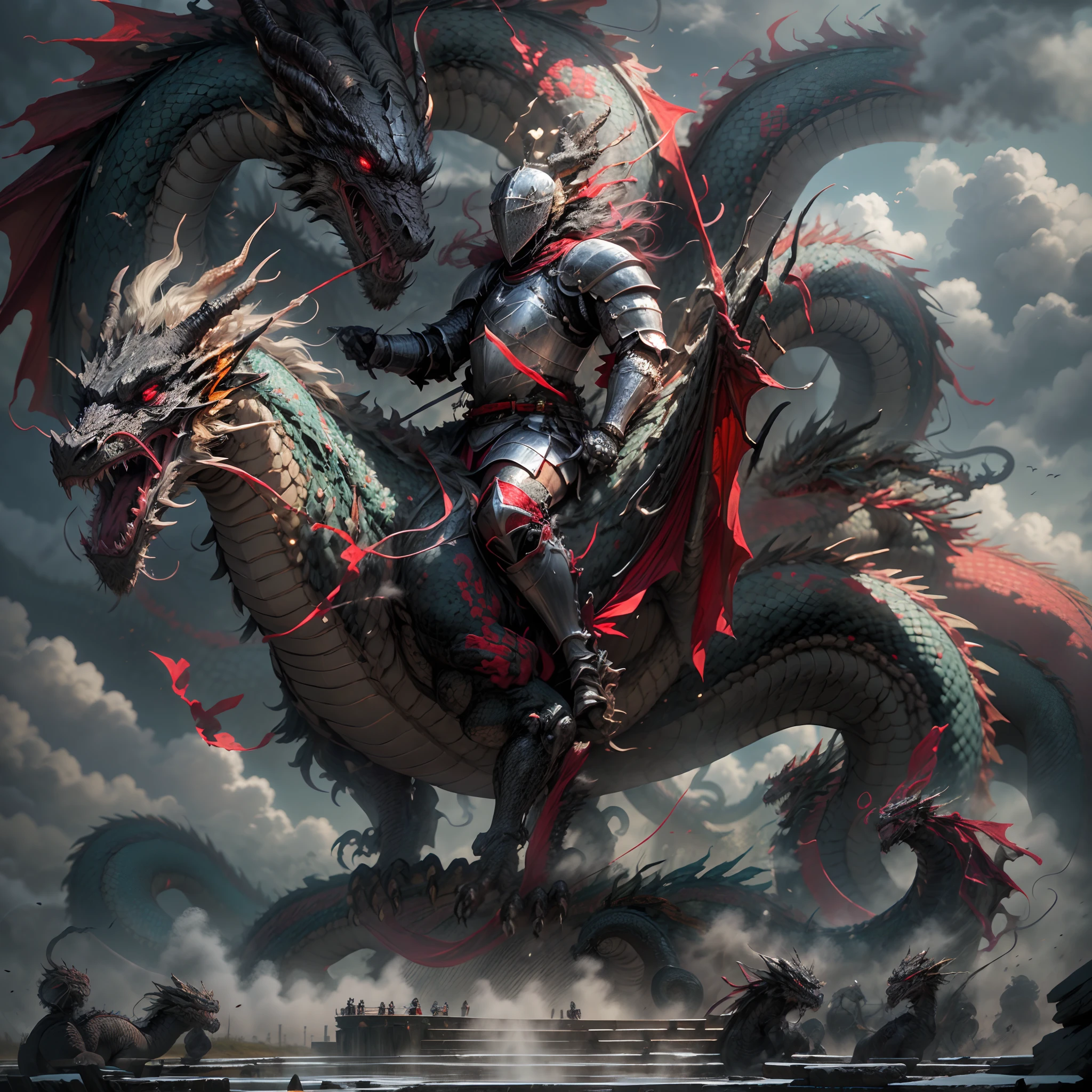 (best quality,4K,8K,high-res,masterpiece:1.2),ultra-detailed,(realistic,photorealistic,photo-realistic:1.37),(a knight wearing black and red armor on top of a dragon:1.8),serpent,dragon head,blue divine dragon,Chinese dragon,long neck,tranquil expression,impressive scales,sharp claws,elegant mane,mounted on the dragon,knight,steel helmet,suit of armor,shiny armor,shield,flag,galloping dragon,misty clouds,ethereal atmosphere,sunlight beams,holy presence,harmonious setting,divine ambiance