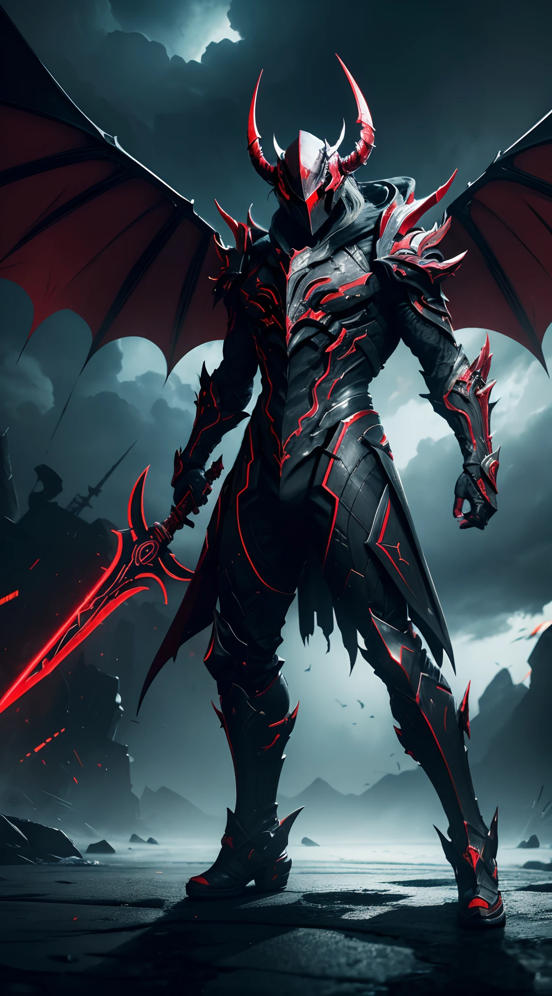 (Demon Lucifer in a Warframe style armor with a black sword), (Red and white color scheme with neon yellow linings), (Three pair of horns with black bat wings), metallic coating, (thunderous sky at night background), centered, (full body shot), (dynamic action stance pose), vibrant colors, cinematic shot, volumetric lighting, intricate pattern detail, high definition, highly detailed,--style Raw