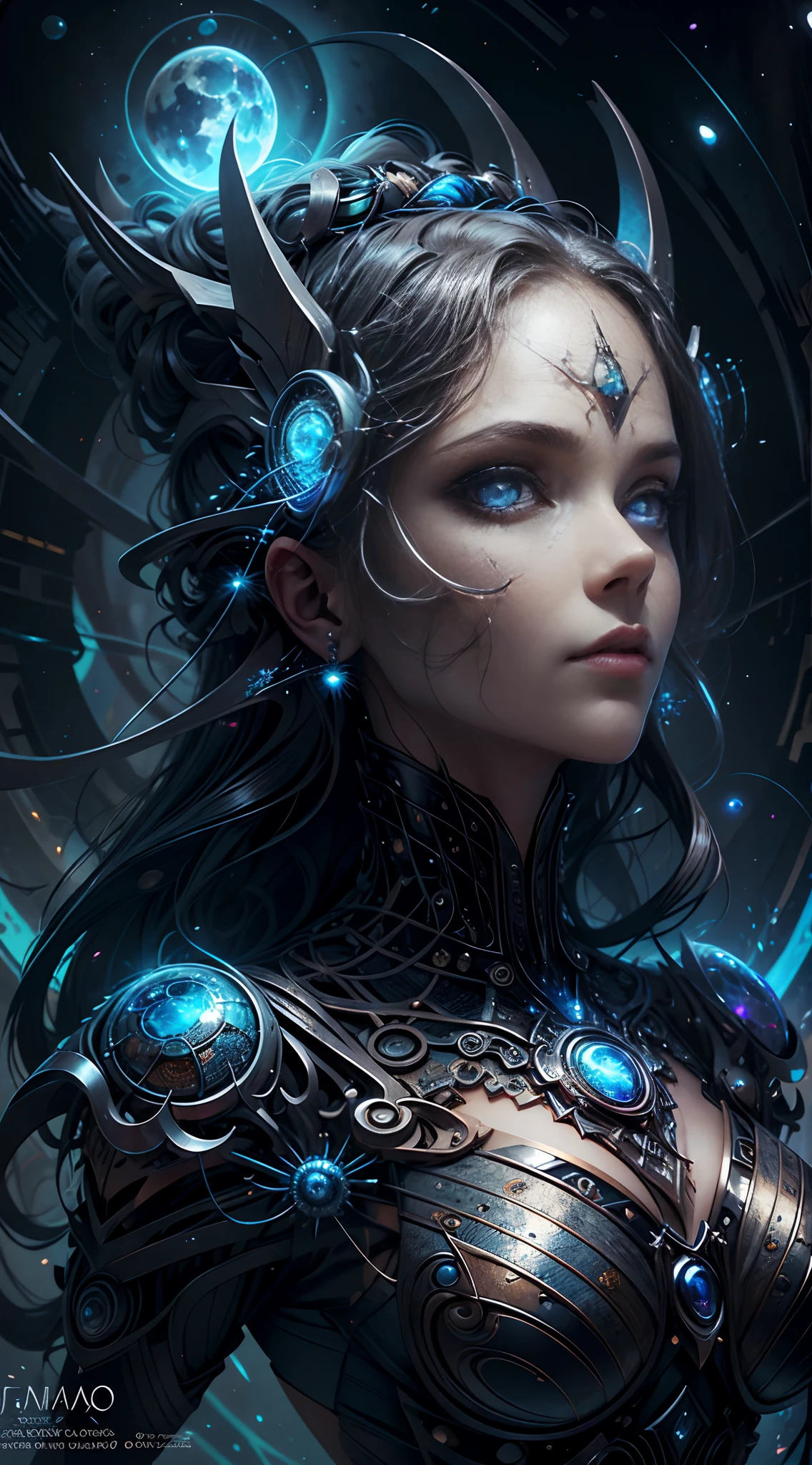 (melhor qualidade,Ultra - Detalhado,best illustration,Melhor sombra,tmasterpiece,A high resolution,ProfissionalArtwork,obras de arte famosas),Olhos detalhados,Olhos belos,clivagem em close-up,scientific fiction,esclera colorida,robot eyes,marcas faciais,Tatuado com,(fractalizado,olhos fractais),olhos grandes,olhos arregalados,(foco ocular),Foco Sface,Cosmic eyes,Olhos espaciais,Close-up da escultura de metal de uma mulher com uma lua em seu cabelo,deusas。Detalhe extremamente alto,Retrato da deusa 3D,Imagens extremamente detalhadas da deusa,Um retrato impressionante de uma deusa,Imagem lateral da deusa,Retrato de uma bela deusa,Retrato em close-up de corpo inteiro da deusa,hecate goddess,portrait of a norse moon goddess,goddess of space and time