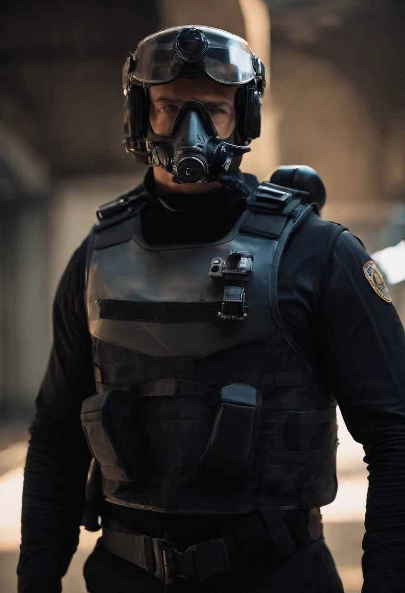 a guy wearing sensor goggles with an "off-center detector" resembling a doctor's headlamp, an armored air filter and bandages around his jaw, a collared black vest, and a dark gray shirt.