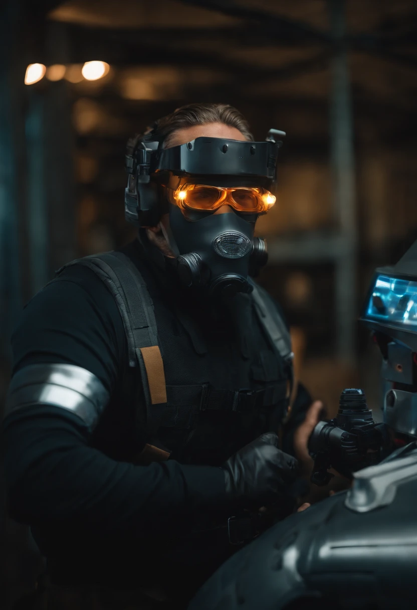 a guy wearing sensor goggles with an "off-center detector" resembling a doctor's headlamp, an armored air filter and bandages around his jaw, a collared black vest, and a dark gray shirt.