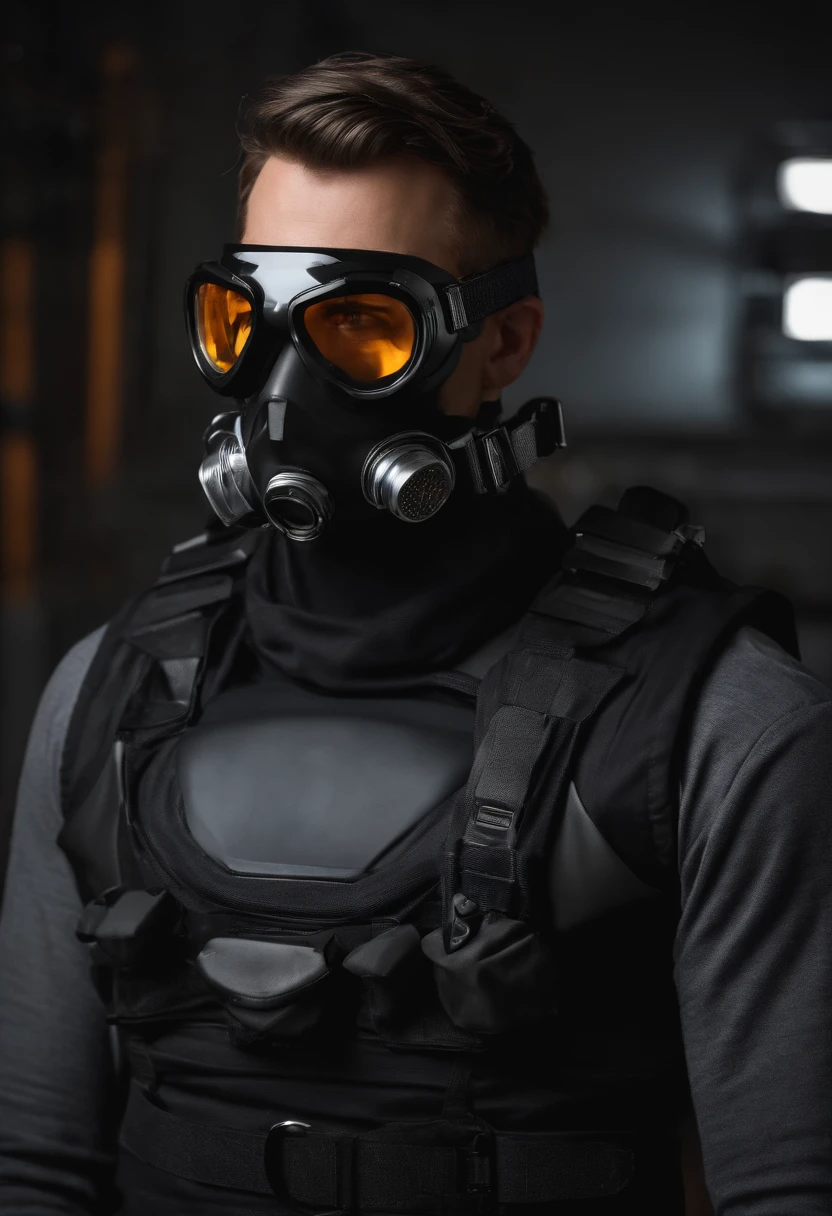 a guy wearing sensor goggles with an "off-center detector" resembling a doctor's headlamp, an armored air filter and bandages around his jaw, a collared black vest, and a dark gray shirt.