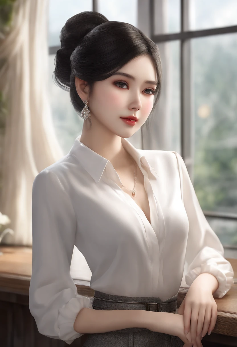 (best quality, ultra-detailed, photorealistic:1.37), CG, anime-style, flowing black hair, striking black eyes, porcelain-like skin, beautiful and detailed eyes, Japanese girl, elegant girl, dressed in professional attire, stylish white blouse and pencil skirt, fashionable lady, businesswoman, gentle expression, frontal shot, medium close-up, chest area, teenage vibe, ponytail, archived, small bust, youthful cheeks