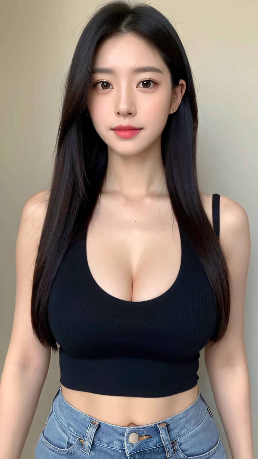 （Lifelike、 hight resolution：1.3）、1 girl with a perfect body、super fine face and eyes、length hair、（Black tank top：1.2）、jeans、（ Big boob：2.0）、Expose cleavage、full body Esbian、Lustrous skin、Pretty Face、younggirl、Face like a Korean idol、sexuell