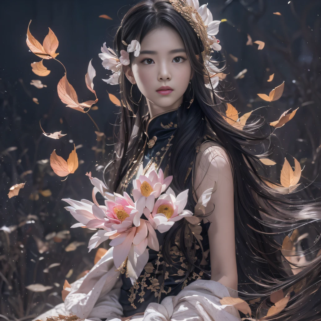 32K（tmasterpiece，k hd，hyper HD，32K）Long flowing black hair，ponds，zydink， a color， Xuzhou people （Silly girl）， （Silk scarf）， Combat posture， looking at the ground， long whitr hair， Floating hair， Carp pattern headdress， Chinese long-sleeved clothing， （abstract ink splash：1.2）， Pink petal background，Pink and white lotus flowers fly（realisticlying：1.4），Black color hair，Fallen leaves flutter，The background is pure， A high resolution， the detail， RAW photogr， Sharp Re， Nikon D850 Film Stock Photo by Jefferies Lee 4 Kodak Portra 400 Camera F1.6 shots, Rich colors, ultra-realistic vivid textures, Dramatic lighting, Unreal Engine Art Station Trend, cinestir 800，Long flowing black hair，Denim skirt