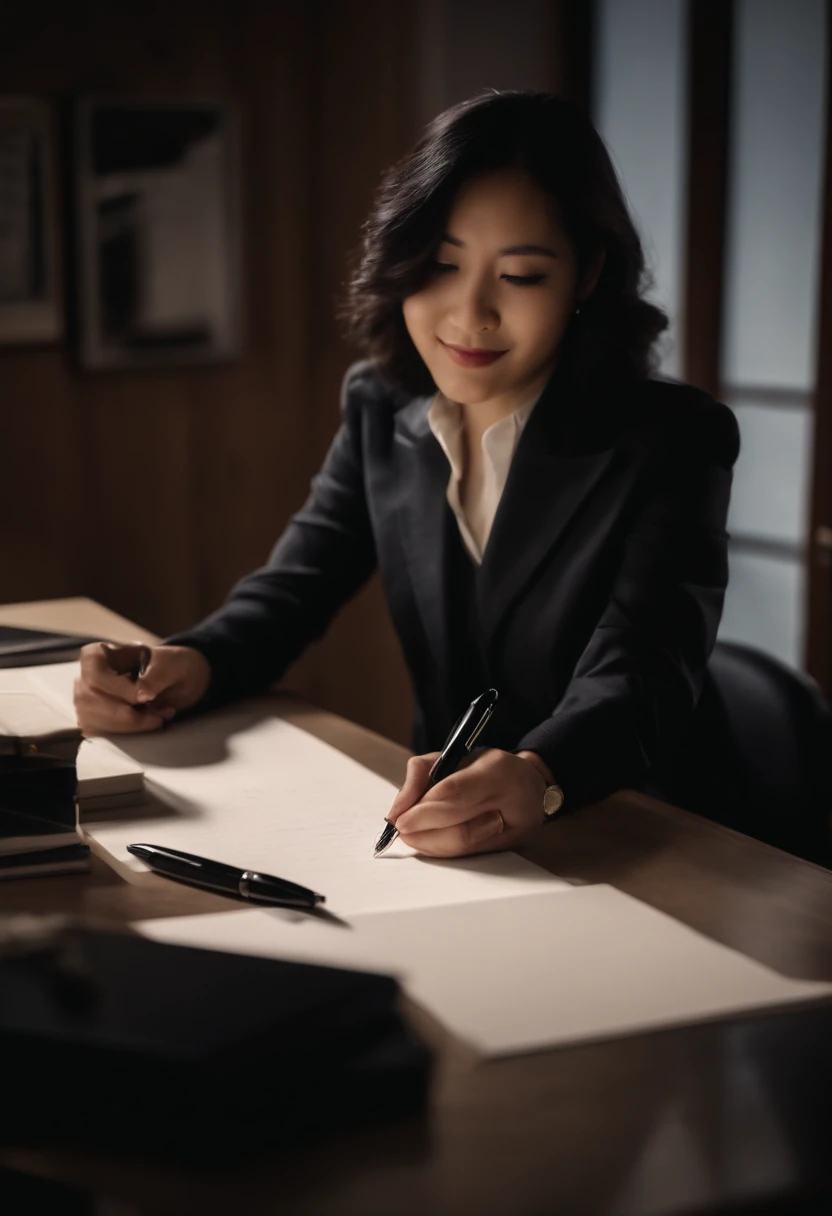 Wearing black leather gloves in both hands, upper body, black business suit, facing the desk in the modern study in the dark, looking down, smiling, writing a letter using a fountain pen, long, straight black hair, young and cute face Japanese female new employee (black leather gloves cover both hands)