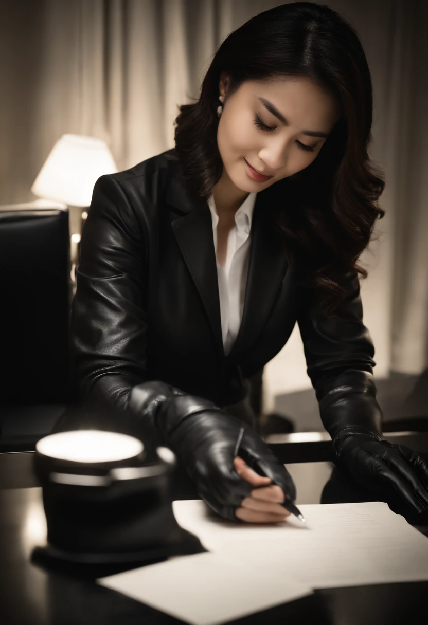 Wearing black leather gloves in both hands, upper body, black business suit, facing the desk in the modern study in the dark, looking down, smiling, writing a letter using a fountain pen, long, straight black hair, young and cute face Japanese female new employee (black leather gloves cover both hands)