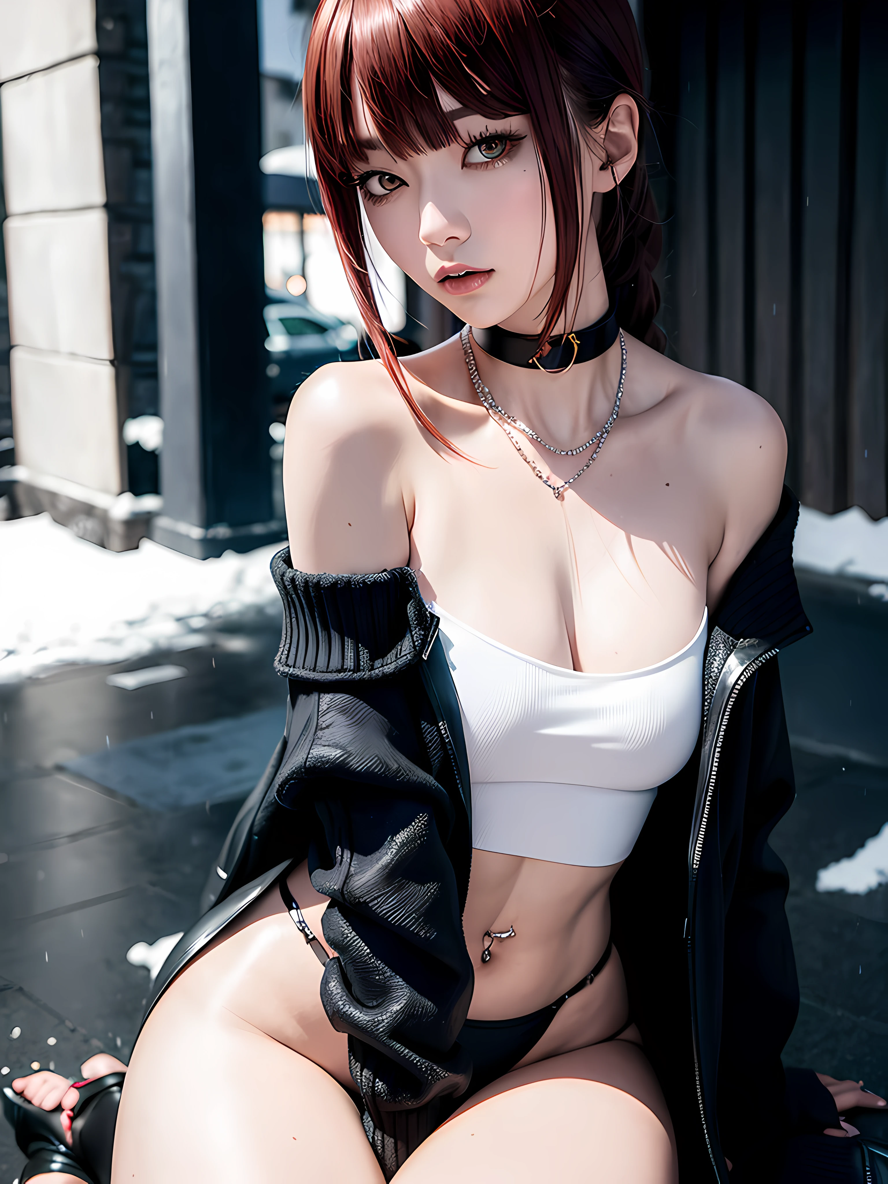 Sitting in the street at night, snow on the ground, seductive, beauty spot on chin, wearing a loose oversized jacket, off the shoulder, fishnet leggings, wearing an oversized white button-down shirt, sexy thighs, side pose, small mole on the chin, blushing, neon lights in the background, detailed background, raining, long sleeves, neck choker with necklace, long necklace, evil look, detailed digital anime art