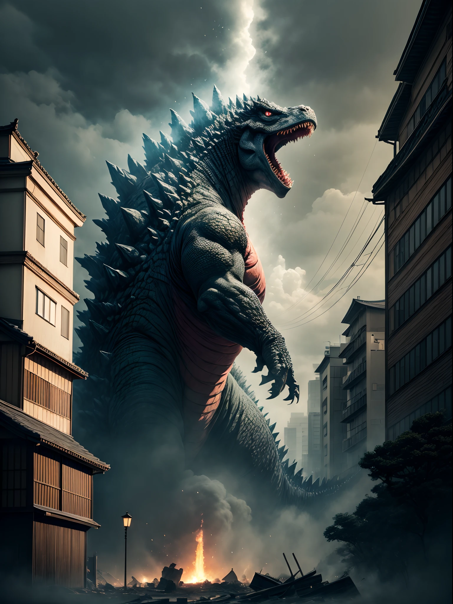 Godzilla appears in Kyoto、Destroying the city、Crumbling buildings,Fleeing crowd、a scene from a movie、Giant monster、Cinematic lighting、Stunning image quality、top-quality、8K,​masterpiece:1.4、Too huge、Bigger than Bill、Fine details、ultra-detailliert、King of the Monsters、Shines、Unparalleled power、Broken shrine、Broken torii、Japan castle、frombelow