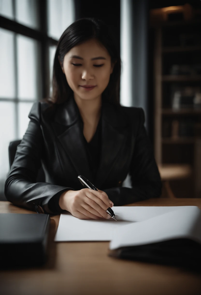 Wearing black leather gloves in both hands, upper body, black business suit, facing the desk in the modern study in the dark, looking down, smiling, writing a letter using a fountain pen, long, straight black hair, young and cute face Japanese female new employee (black leather gloves cover both hands)