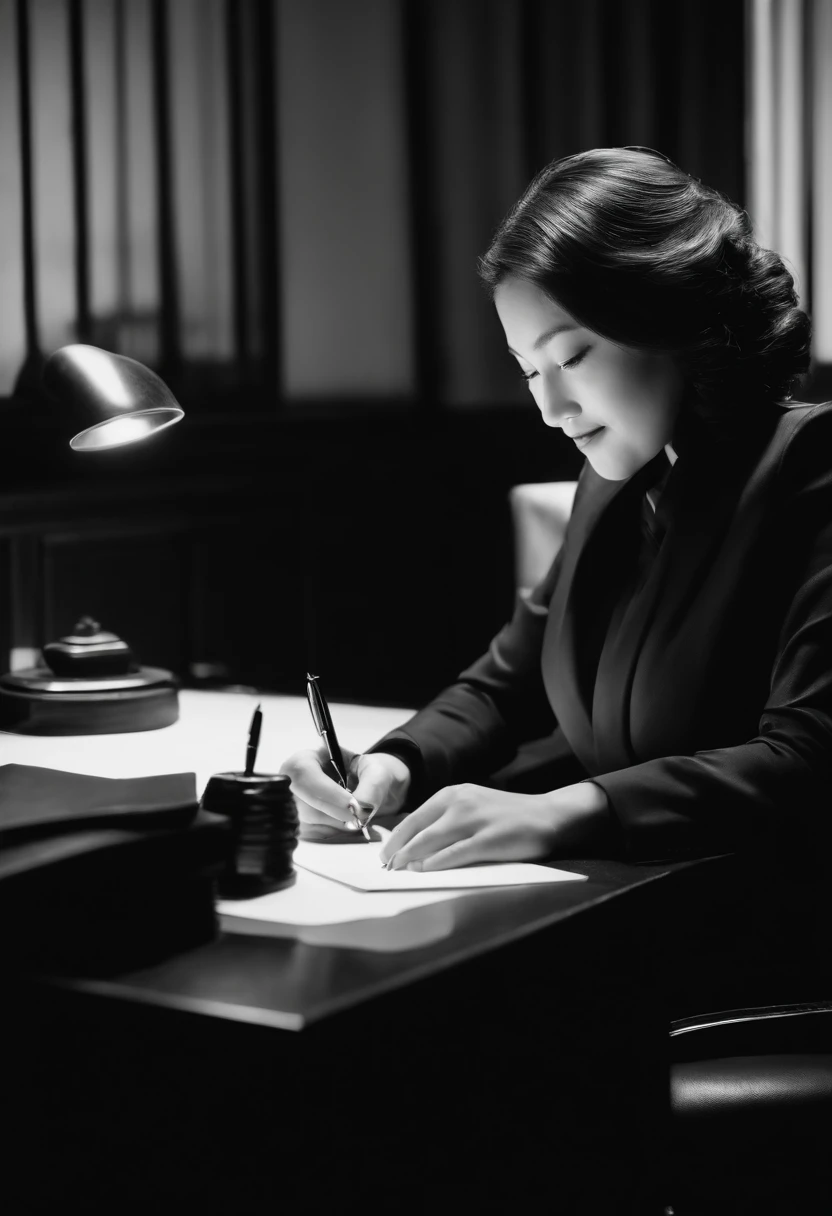Wearing black leather gloves in both hands, upper body, black business suit, facing the desk in the modern study in the dark, looking down, smiling, writing a letter using a fountain pen, long, straight black hair, young and cute face Japanese female new employee (black leather gloves cover both hands)