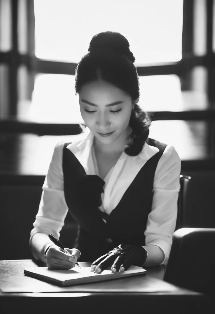 Wearing black leather gloves in both hands, upper body, black business suit, facing the desk in the modern study in the dark, looking down, smiling, writing a letter using a fountain pen, long, straight black hair, young and cute face Japanese female new employee (black leather gloves cover both hands)