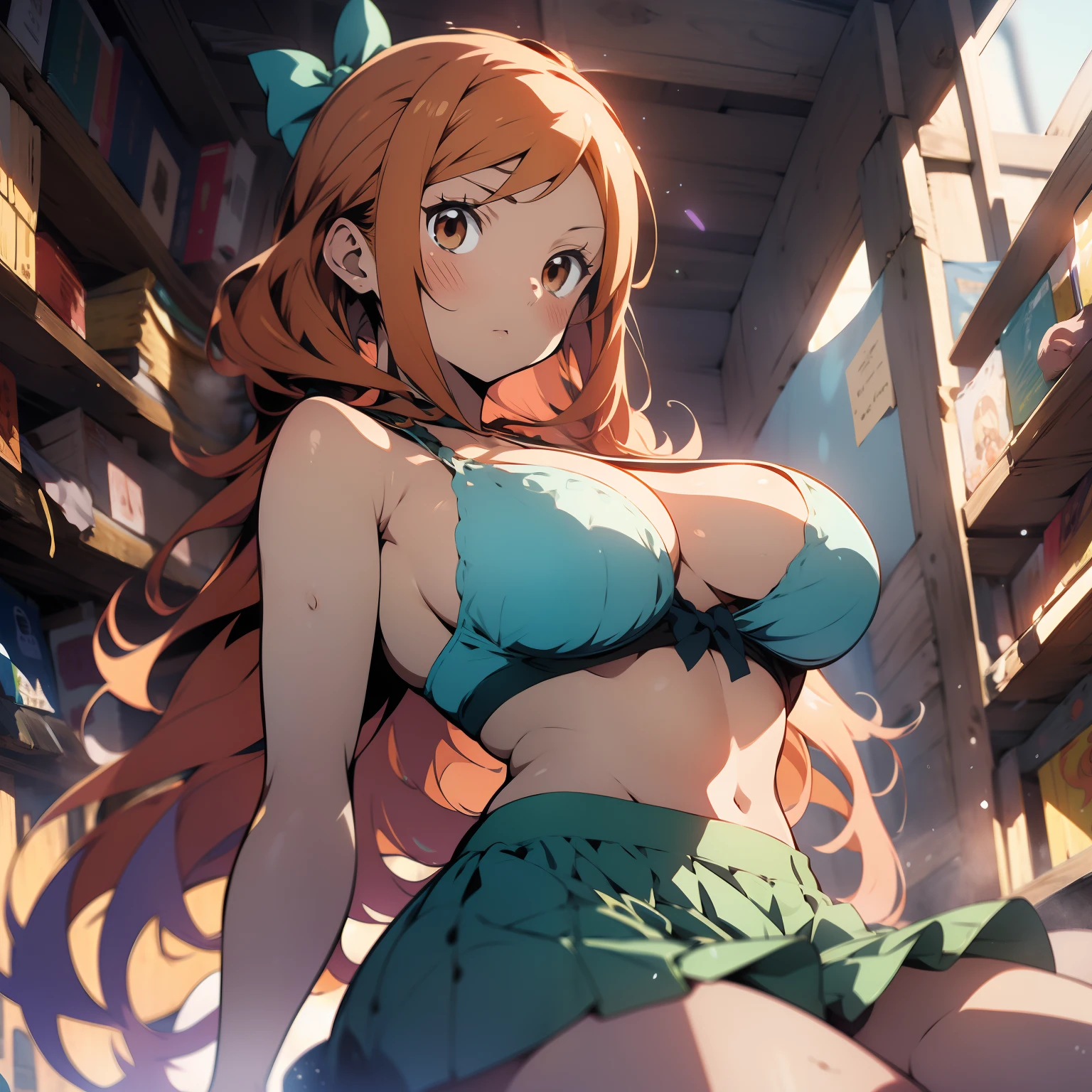 masterpiece, nami one piece, best quality, ultra-detailed, epic lighting, cinematic composition, anime coloring, 2d, anime, 1girl, solo, big breasts, hair orange, hair rings, brown eyes,wearing bra, green bow, bare shoulders, blue skirt, looking at viewer, :o, blush, crossed arms, from below, tavern (8k:1.1),nsfw, showing breast