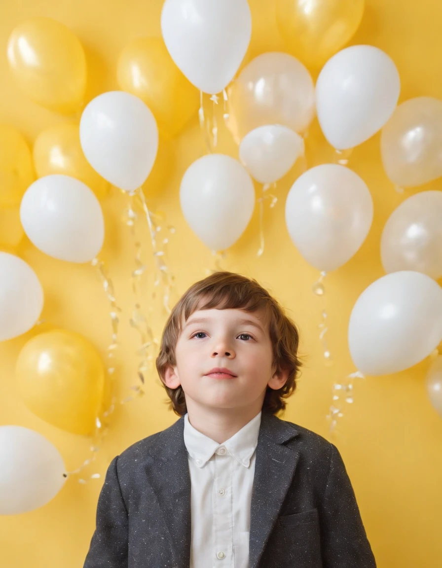 Boy with balloons on yellow background, boy, confetti-like polka dot style, scattered composition, melancholic self-portrait, installation-based, bright colors, matte photo, strange juxtaposition, (medium shot)