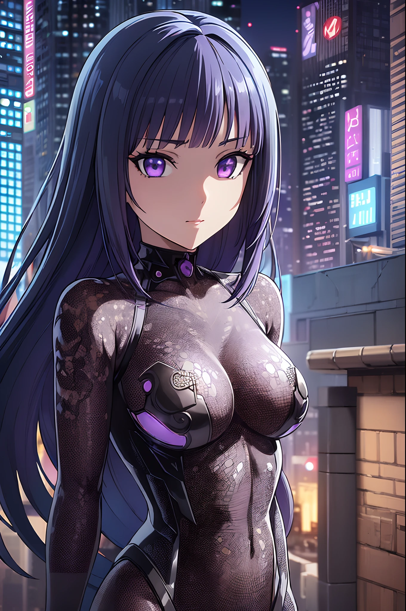 Highly detailed, ultra detailed, best quality, highest quality, hyper detailed, highly detailed background, photorealistic, masterpiece, detailed CGI 32k:1.3, detailed realistic skin, stunning and gorgeous, (holographic Girl), (against the backdrop of a cyberpunk city:1.2), (transparent body:1.3), small breasts, (dim lighting:1.2), (detailed hair:1.3), (bob haircut:1.2), (blue hair:1.3), (centered), (highly detailed:1.4), (purple eyes:1.3), (detailed face and eyes:1.4).