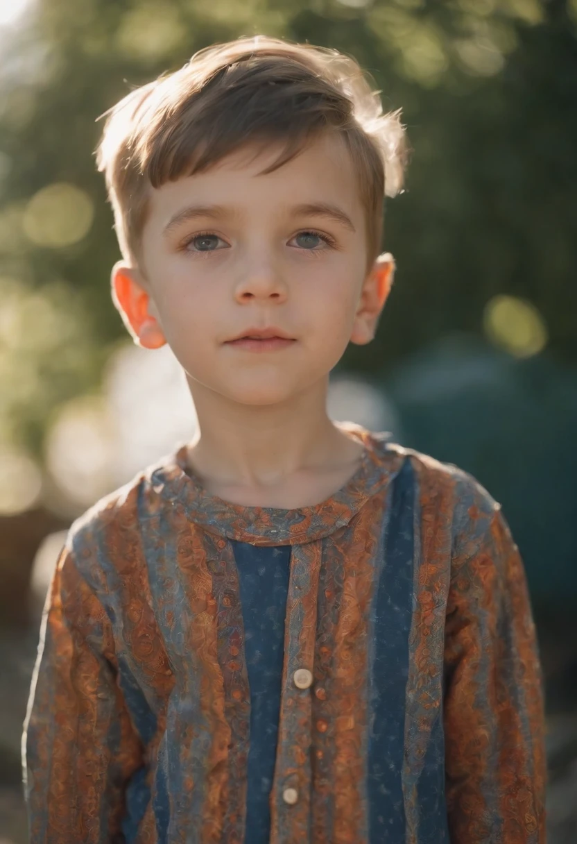 a boy with a bright shirt looking at the sun, in the style of psychedelic portraiture, light navy and light amber, stockphoto, cut/ripped, distinct facial features, glimmering light effects, bauhaus, (medium close-up)