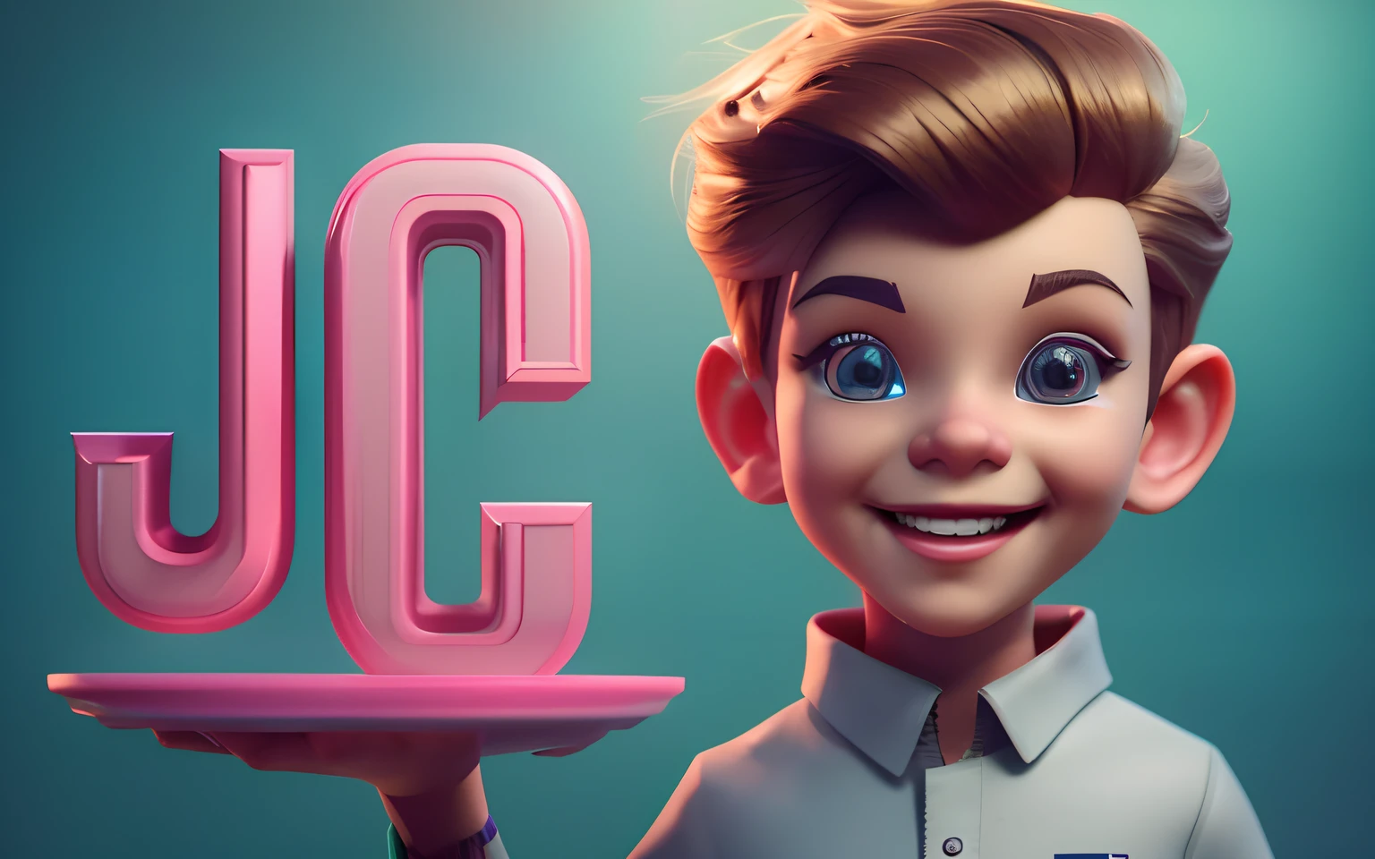 cartoon boy holding a tray with a pink letter jc on it, zbrush central contest winner, promotional render, 3 d cartoon, 3d characters, 3 d character, 3d character, 3 d character art, cute 3 d render, cg artist, for hire 3d artist, 3 d epic illustrations, zbrushcentral, 3 d character render, realistic 3 d style