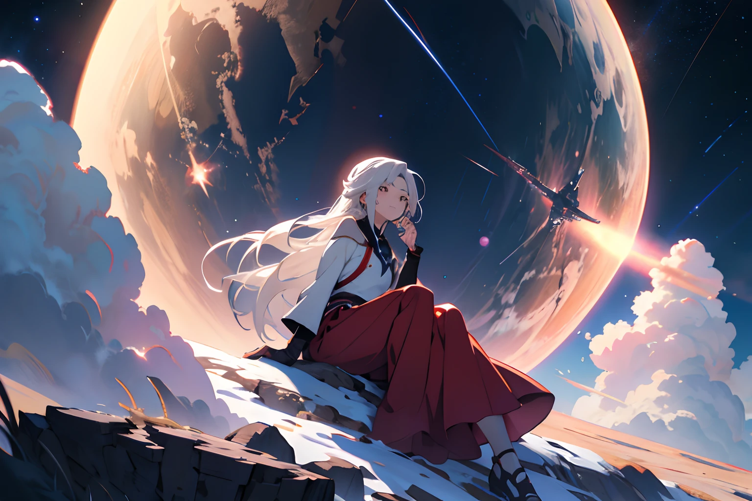 A sitting girl, Looking Up The Sky, beautiful Girl, ssmile, Long hair, red long skirt, Anime - Beautiful sky with stars and planets scene style, Cosmos Sky. Art Wallpaper 4K Art Wallpaper 4K Art Wallpaper 8K, 4k anime wallpapers, 4k wallpapers, 4k wallpapers, of the sky , Paper awesome wallpaper, Animated background, heaven planet in background, Anime background art