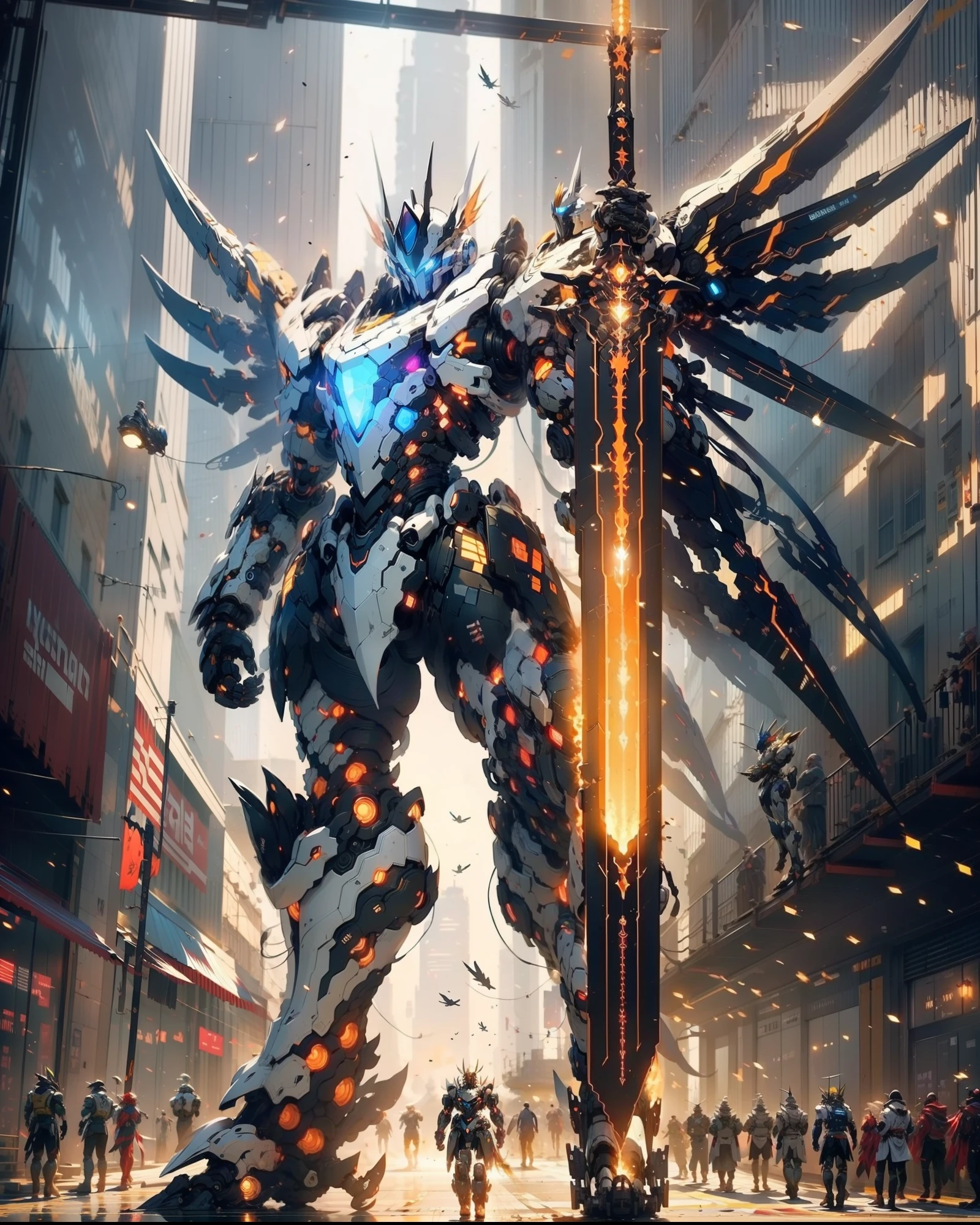 Giant mecha god robot,Double mechanical wings,Skysky,Technologie,A detailed,longspear