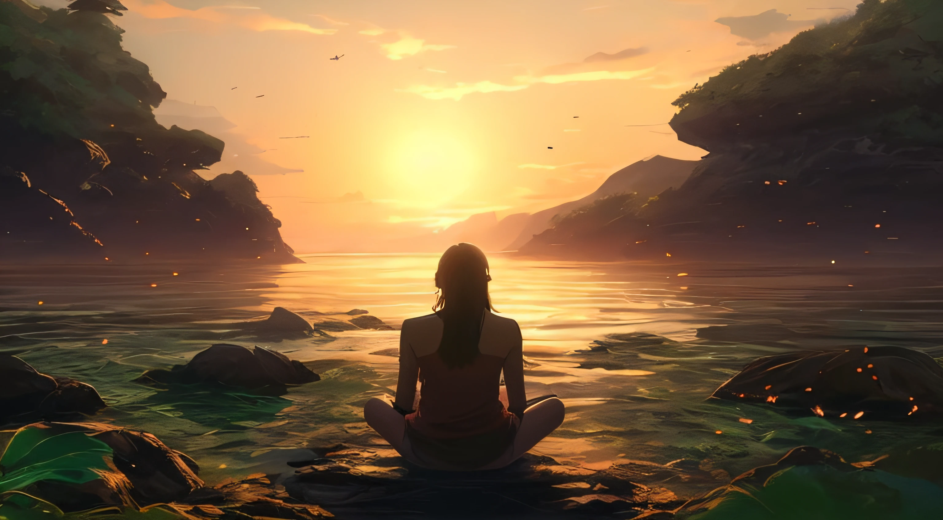 arafed woman sitting on a rock in the water with a sunset in the background, relaxing concept art, anime beautiful peace scene, makoto shinkai cyril rolando, watching the sun set. anime, setting is bliss wallpaper, amazing wallpaper, makoto shinkai. octane render, ross tran. scenic background, hd wallpaper, zen méditation cyberpunk