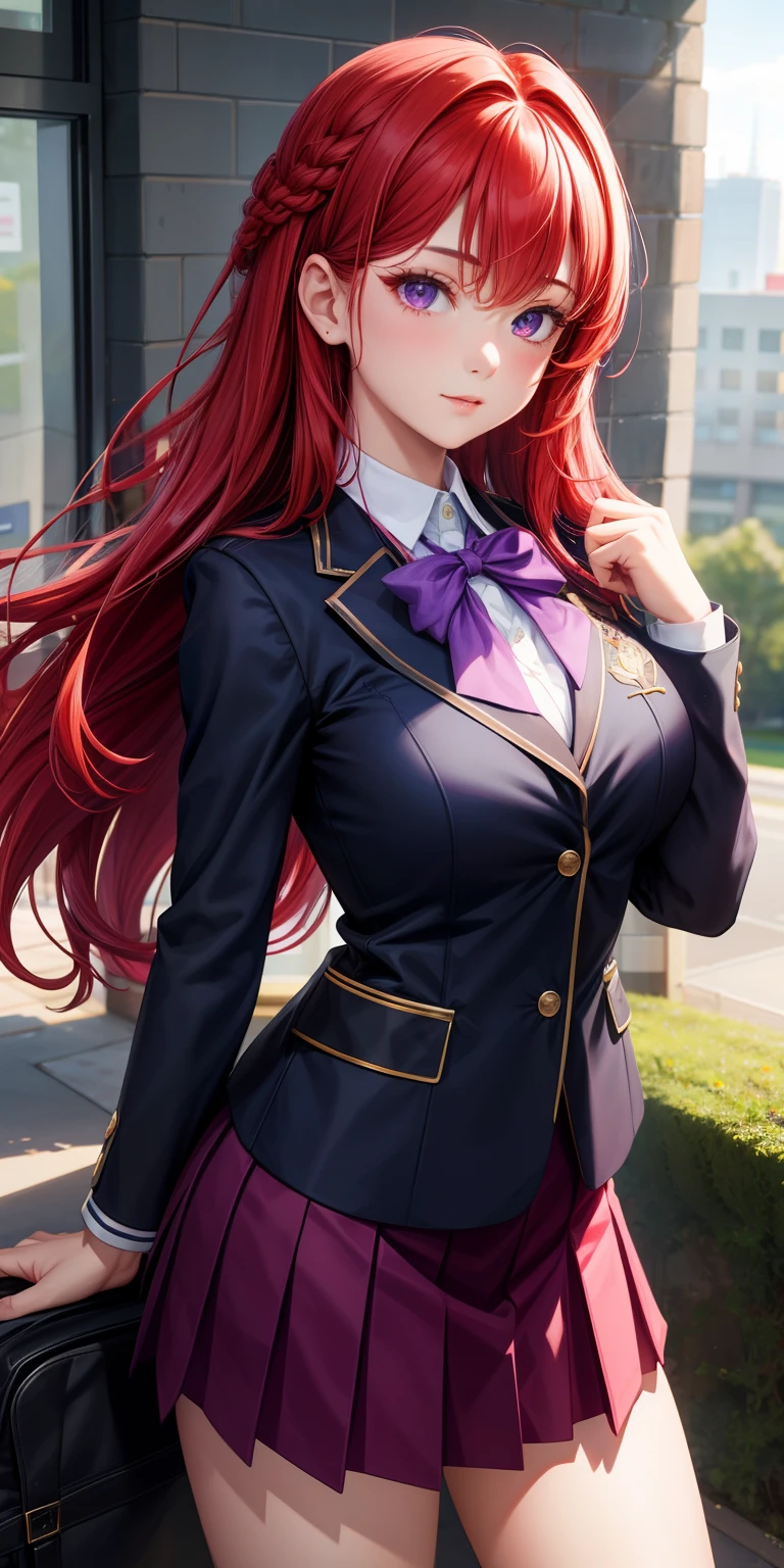 1,girl,pride royal ivy,red hair,purple eyes, school uniform, ultra detailed hd quality
