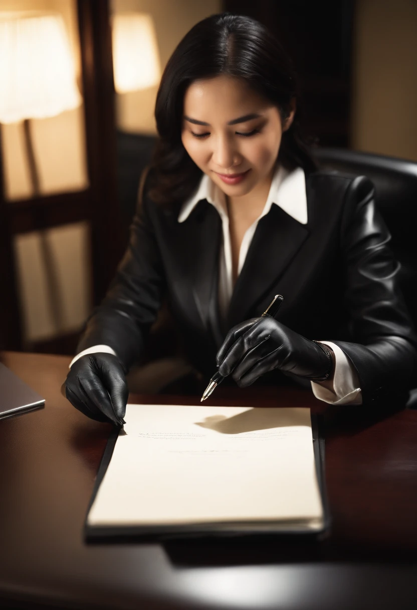 Wearing black leather gloves in both hands, upper body, black business suit, facing the desk in the modern study in the dark, looking down, smiling, writing a letter using a fountain pen, long, straight black hair, young and cute face Japanese female new employee (black leather gloves cover both hands)