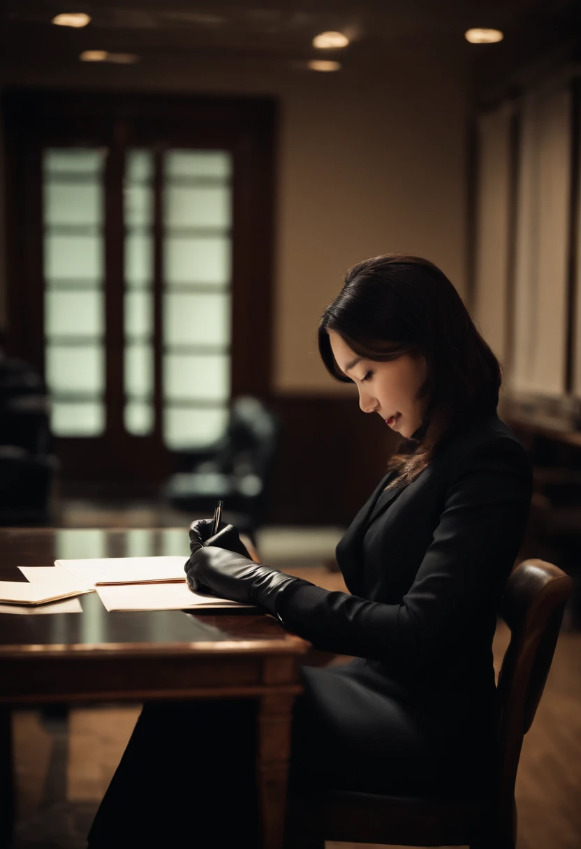 Wearing black leather gloves in both hands, upper body, black business suit, facing the desk in the modern study in the dark, looking down, smiling, writing a letter using a fountain pen, long, straight black hair, young and cute face Japanese female new employee (black leather gloves cover both hands)