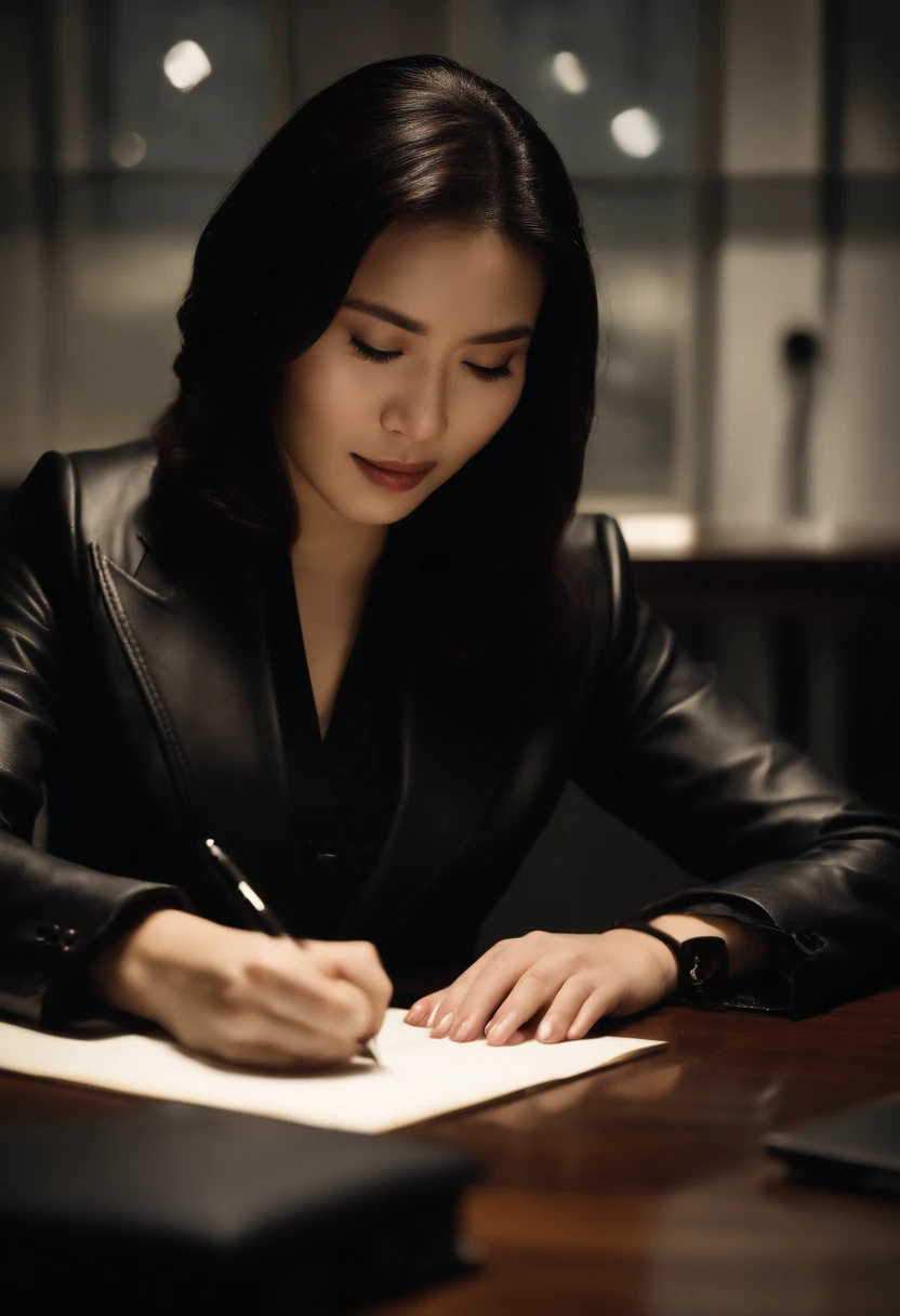 Wearing black leather gloves in both hands, upper body, black business suit, facing the desk in the modern study in the dark, looking down, smiling, writing a letter using a fountain pen, long, straight black hair, young and cute face Japanese female new employee (black leather gloves cover both hands)