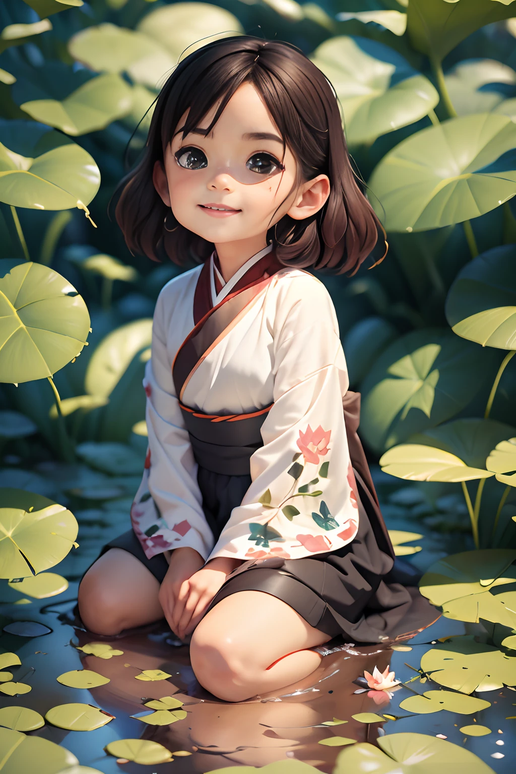 Pods full of lotus flowers, A *********** happily sits on the lotus leaves of a pod, Huge lotus leaf, Barefoot, Dressed in white and green Hanfu, Light and shadow, A masterpiece，stechu，（white backgrounid：1.4），（（tachi-e）），Original，（illustratio：1.1），（best qualtiy），（tmasterpiece：1.1），（Very detailed CG unity 8K wallpaper：1.1），（a color： 0.9),(panoramicshooting:1.4),(solo person:1.2),(Splash ink),(Splash color),((aquarelle)),sharp and clear focus,{ 1girl standing },((Chinese ethnic customs )),Flower background ,exteriors,Rochas,Look at the viewer,make happy expressions,Soft smile,chaste,Beautiful delicate face and eyes,Delicate garment pattern details,brunette color hair,blackigeyes,shuicolor