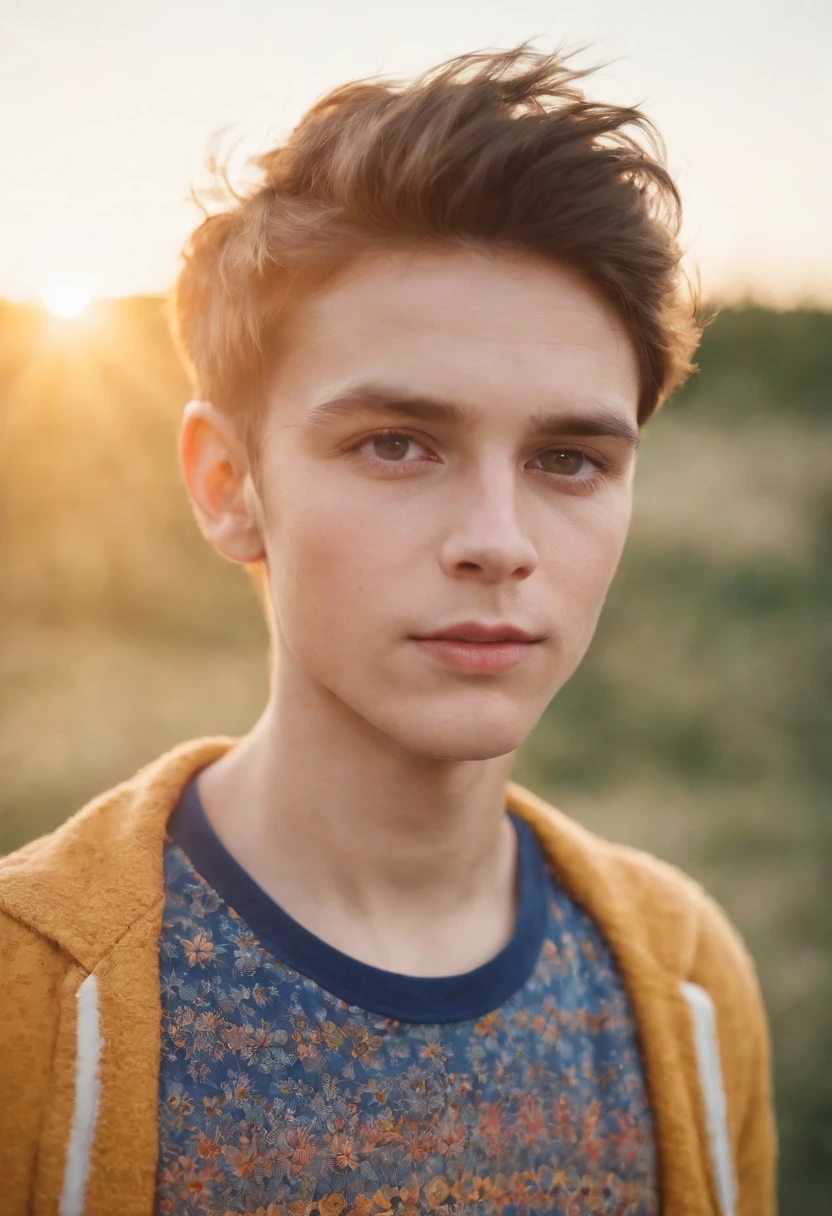a boy with a bright shirt looking at the sun, in the style of psychedelic portraiture, light navy and light amber, stockphoto, cut/ripped, distinct facial features, glimmering light effects, bauhaus, (medium close-up)