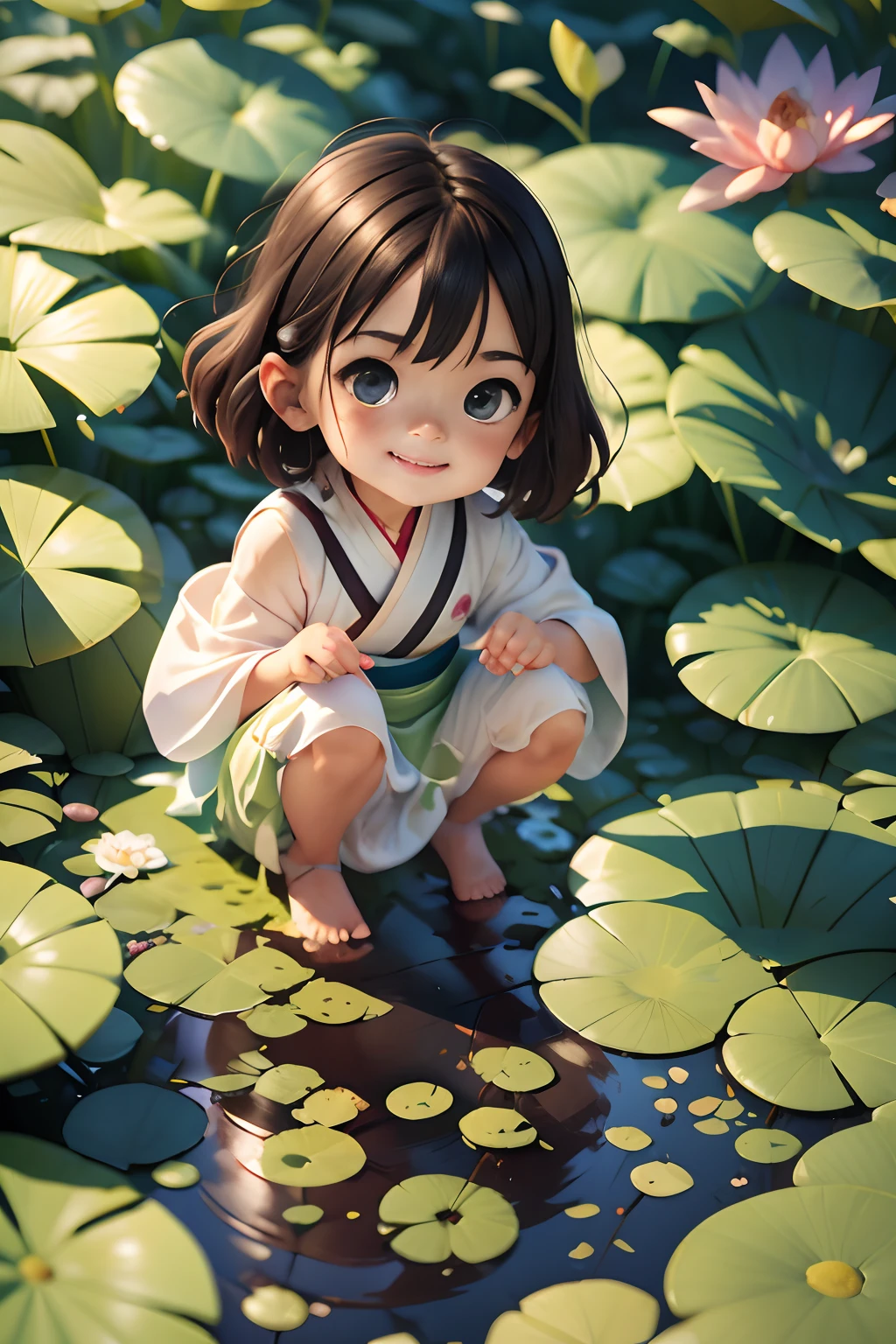 Pods full of lotus flowers, A little girl happily sits on the lotus leaves of a pod, Huge lotus leaf, Barefoot, Dressed in white and green Hanfu, Light and shadow, A masterpiece，stechu，（white backgrounid：1.4），（（tachi-e）），Original，（illustratio：1.1），（best qualtiy），（tmasterpiece：1.1），（Very detailed CG unity 8K wallpaper：1.1），（a color： 0.9),(panoramicshooting:1.4),(solo person:1.2),(Splash ink),(Splash color),((aquarelle)),sharp and clear focus,{ 1girl standing },((Chinese ethnic customs )),Flower background ,exteriors,Rochas,Look at the viewer,make happy expressions,Soft smile,chaste,Beautiful delicate face and eyes,Delicate garment pattern details,brunette color hair,blackigeyes,shuicolor