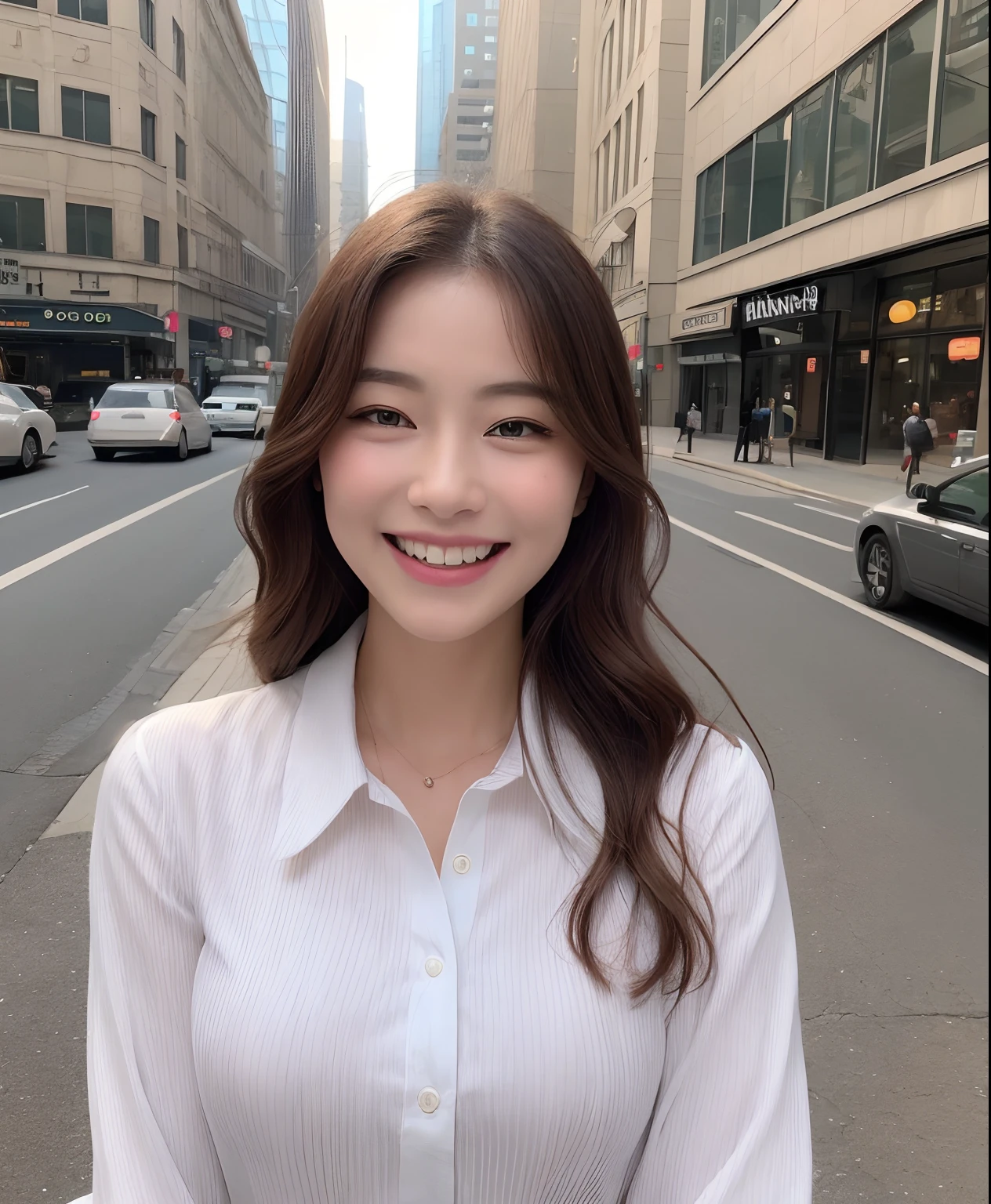 ((top-quality、in 8K、masterpiece:1.3))、1girl in、Beautiful woman with plump abs emphasized:1.3、(The long-haired、Colossal tits:1.2)、In the city、Super delicate face、wholesome、二重まぶた、A smile that showed teeth、Wearing a collared shirt、Looking at the camera、Big smile、Look here、Look at me with your eyes wide open、Cozy feeling、Take a walk around the city、