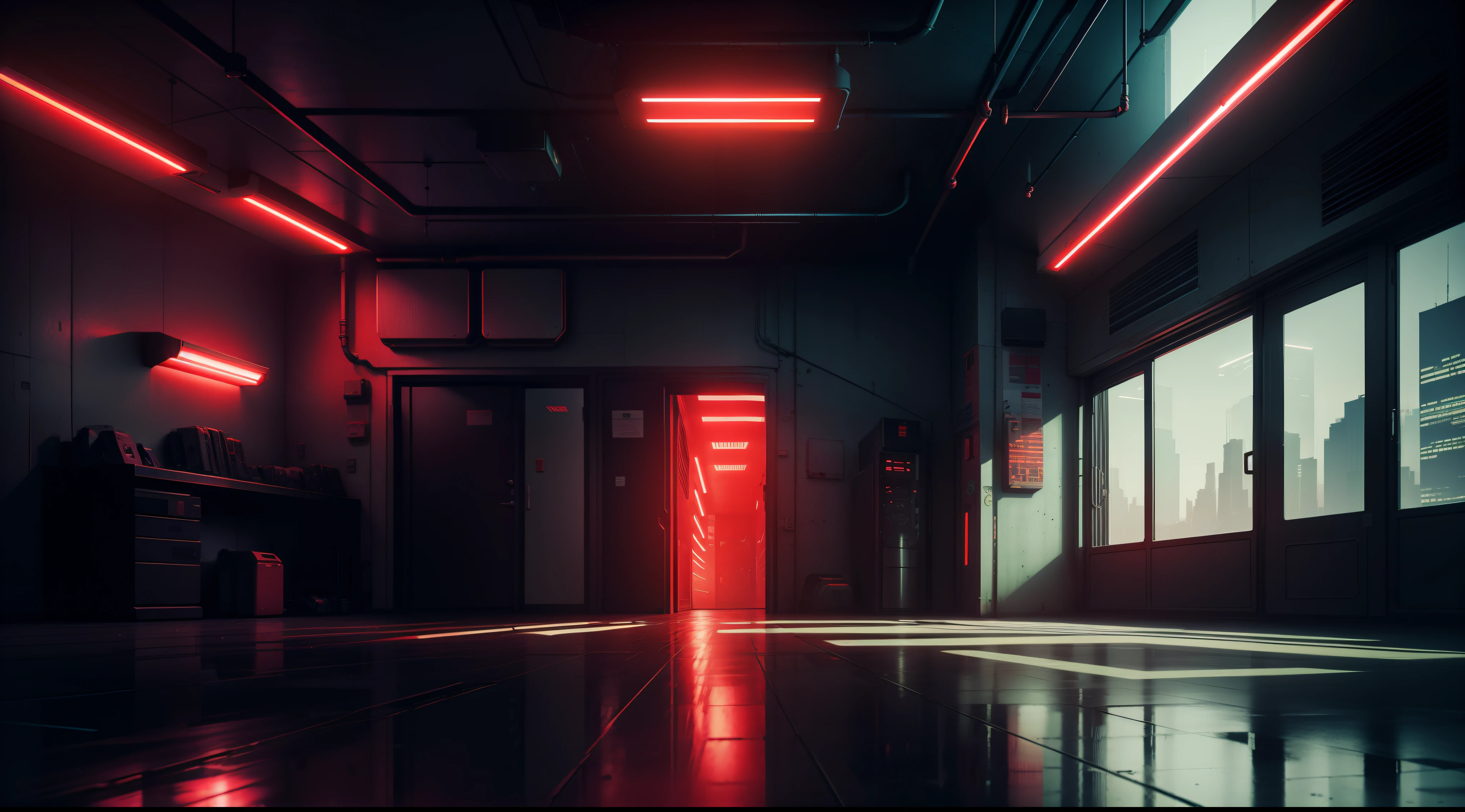 Cyberpunk, ((interior of a building)), (red lights)