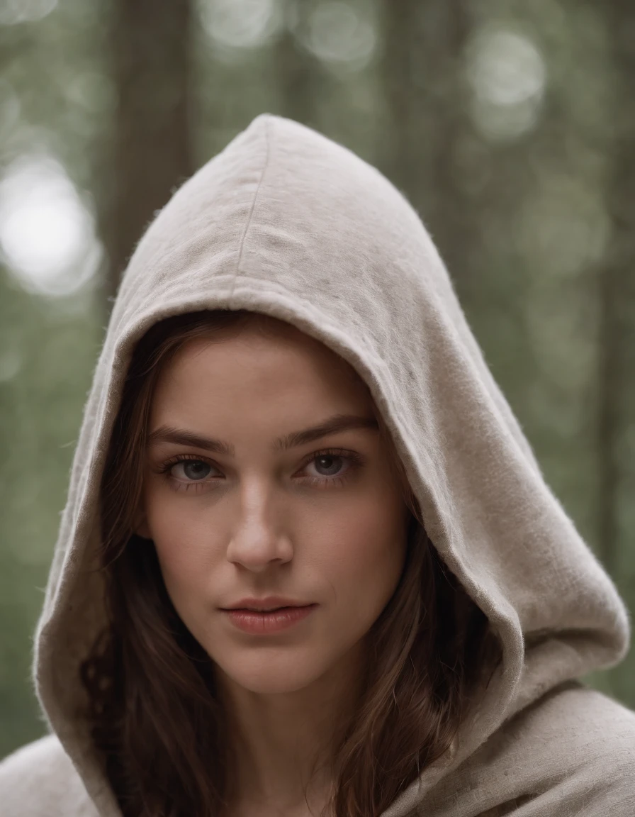 Portrait of hooded dancer, cinematic, clear facial expression, 35 mm, 1970,(medium close-up)