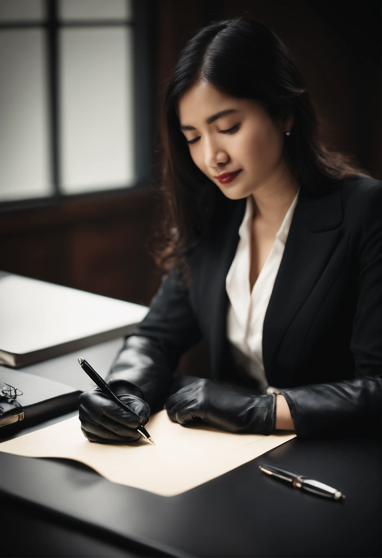 Wearing black leather gloves in both hands, upper body, black business suit, facing the desk in the modern study in the dark, looking down, smiling, writing a letter using a fountain pen, long, straight black hair, young and cute face Japanese female new employee (black leather gloves cover both hands)