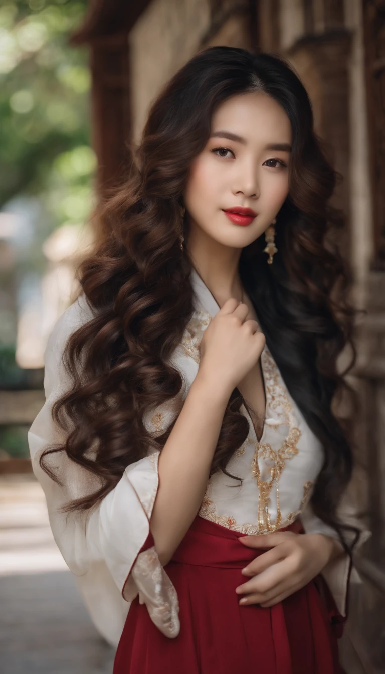 Young women in literature and art，Student Clothing，Sister Next Door Style，Beautiful Asian girl，china goddess，Max College Students，Goddess of the East，Beautiful body，Big wavy hairstyle，Volume some，The kind of curls that are rolled up like a curling iron，20yr old，Shot with Canon camera，Real portraits of people，University dormitory background，Hold an automatic curling iron in your hand，Advertising image of curling iron