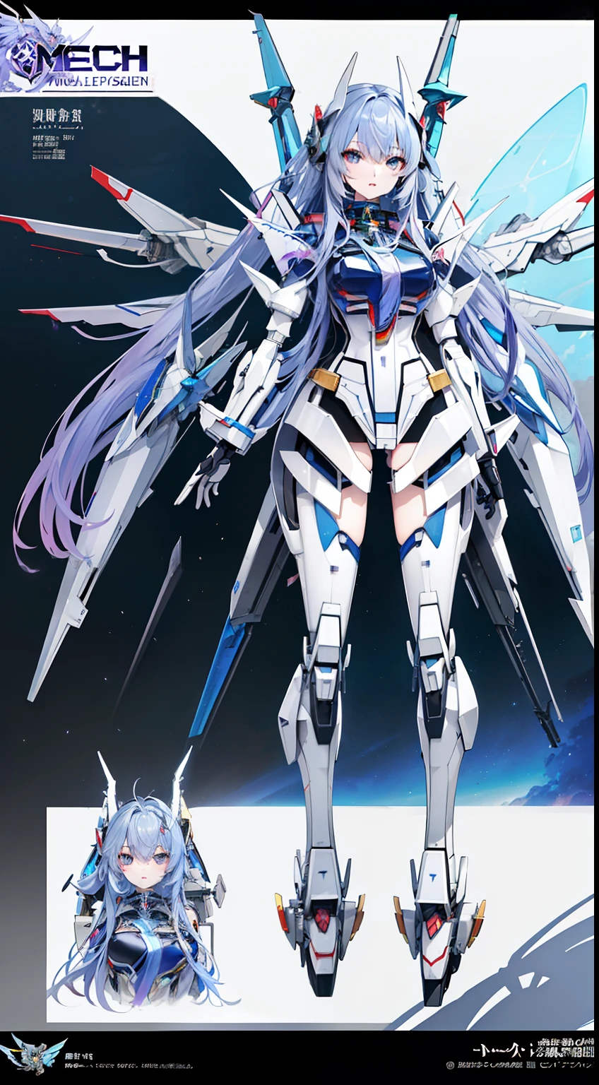 ((8K))、((32K))、((top-quality))、((​masterpiece))、((超A high resolution))、detailed skin textures、Detailed Cloth Texture、Detailed metal texture、((beautifull detailed face))、Raw photo、proffesional、Ultra-fine painting、((独奏))、((Woman dressed as a mecha angel))、beutiful breast、concept-art、anime fantasy artwork、detailed fantasy art、Anime character with pale blue-violet hair and large white wings、(((Twin-tailed)))、(mechs:1.6)Sleek and menacing design、((Heavy weapons long-range support armament))、Pure white and blue-violet armor、8k high quality detailed art、symmetrical wings、NSFW