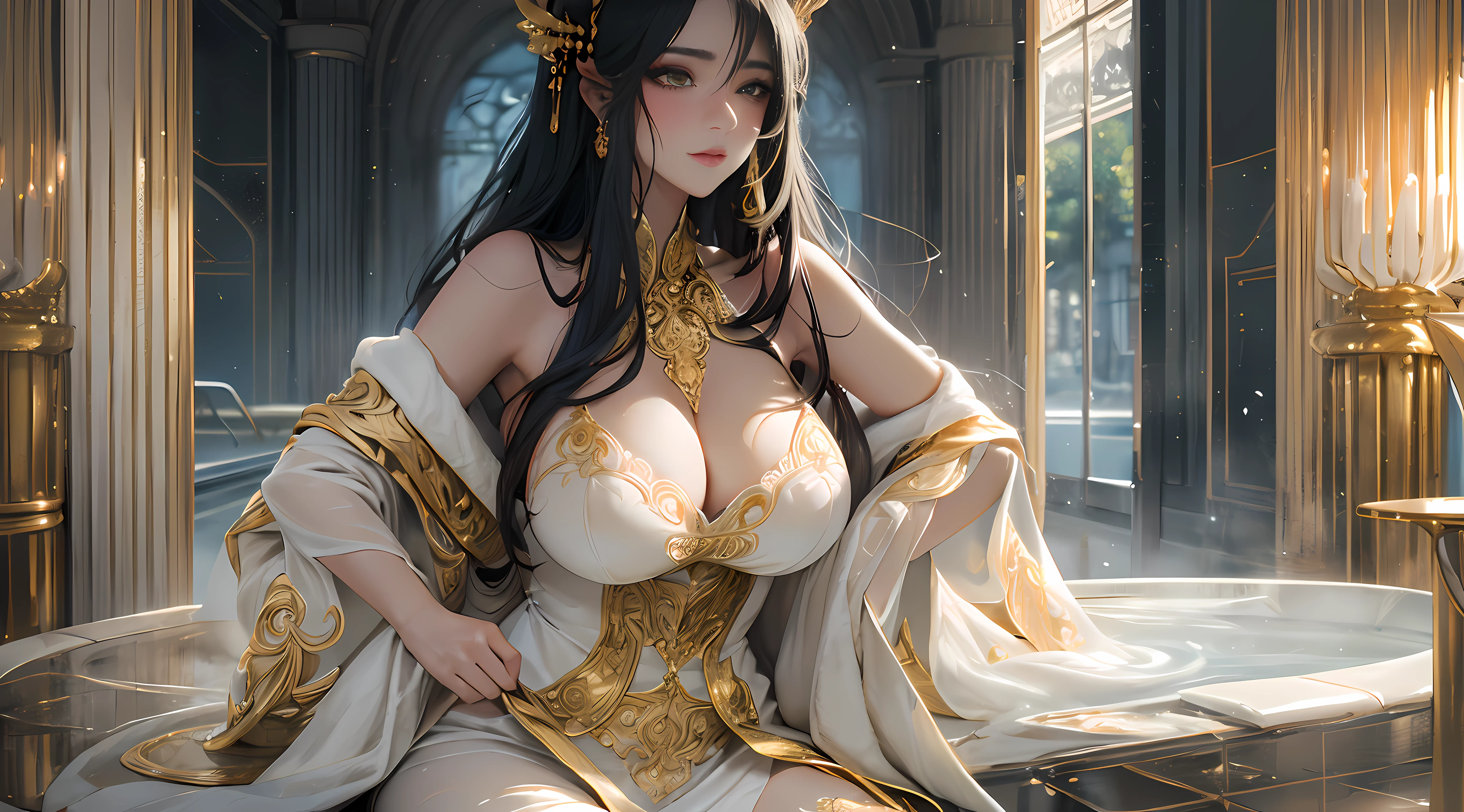 The ultimate masterpiece,(4k wallpaper),((Raised sexy)),((Asian girl)),((cabelos preto e longos)),Unlimited scenery,(White:1.2+White:1.1,Delicate skin),((bath robe)),((Bathhouse)),((Bigchest)),((Heterochromic pupils)),((Golden,ornate decoration)),(semi transparent:1.1),Looming,((Empress Fan)),(lisses: 1.1),(Clear curve details: 1.1),(adolable: 0.9),(Shiny: 1.1),(goddes: 1.2),Domestic style,The warmest yellow,The environment is mysterious and elegant,((The model is beautiful and sexy)),slightly fat big breasts,((full body concept)),((Full body like)),((center of screen))
