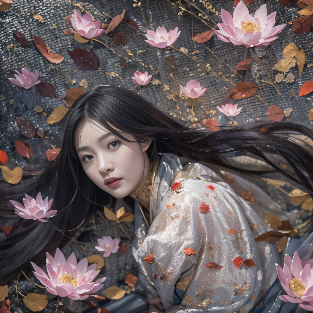 32K（tmasterpiece，k hd，hyper HD，32K）Long flowing black hair，ponds，zydink， a color， Xuzhou people （Silly girl）， （Silk scarf）， Combat posture， looking at the ground， long whitr hair， Floating hair， Carp pattern headdress， Chinese long-sleeved clothing， （abstract ink splash：1.2）， Pink petal background，Pink and white lotus flowers fly（realisticlying：1.4），Black color hair，Fallen leaves flutter，The background is pure， A high resolution， the detail， RAW photogr， Sharp Re， Nikon D850 Film Stock Photo by Jefferies Lee 4 Kodak Portra 400 Camera F1.6 shots, Rich colors, ultra-realistic vivid textures, Dramatic lighting, Unreal Engine Art Station Trend, cinestir 800，Long flowing black hair，Denim skirt