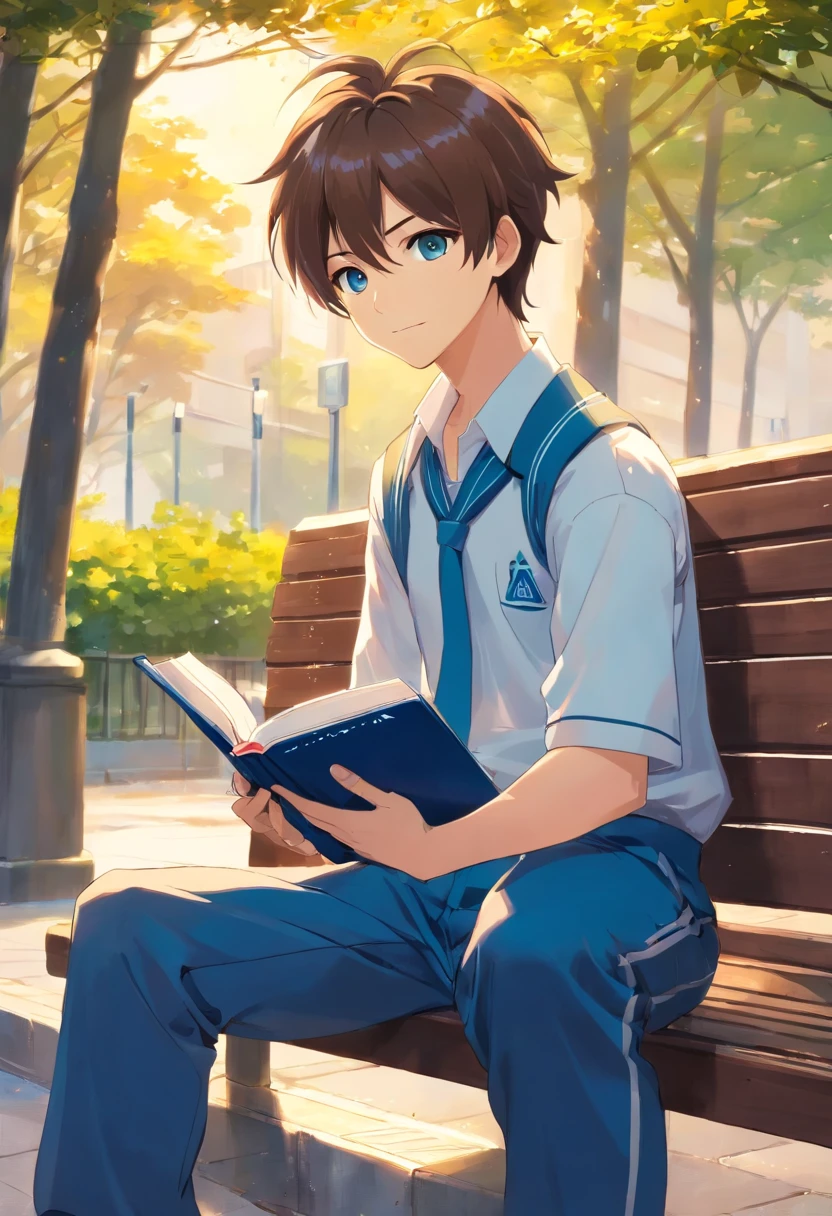 (anime boy): hair: brown, eyes: blue and bright, (Japanese student uniform). pants: long, shirt: blue.
{looking at the viewer with a slight smile holding a book and sitting on a bench}.
[impeccable anime style, masterpiece with good style]
